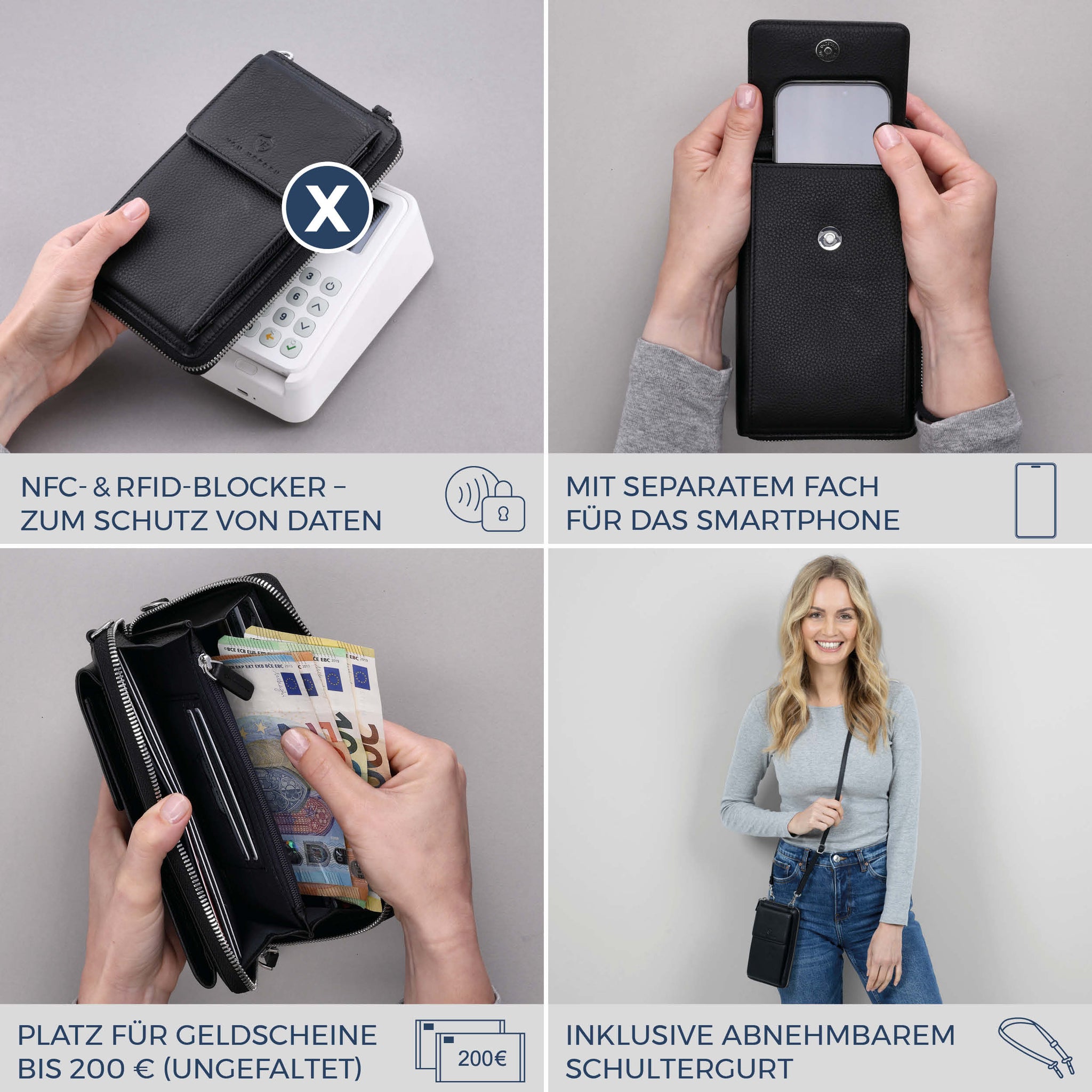 Geldbörse mit Handyfach, RFID-Schutz & 18 Kartenfächer (Genarbt)