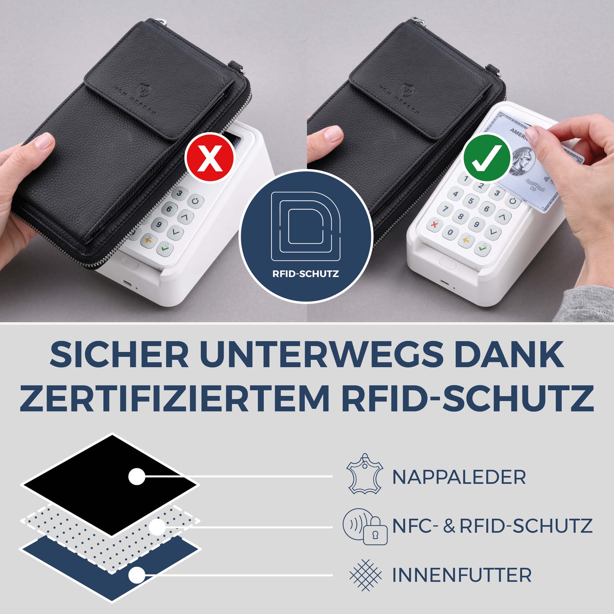 Geldbörse mit Handyfach, RFID-Schutz & 18 Kartenfächer (Genarbt)