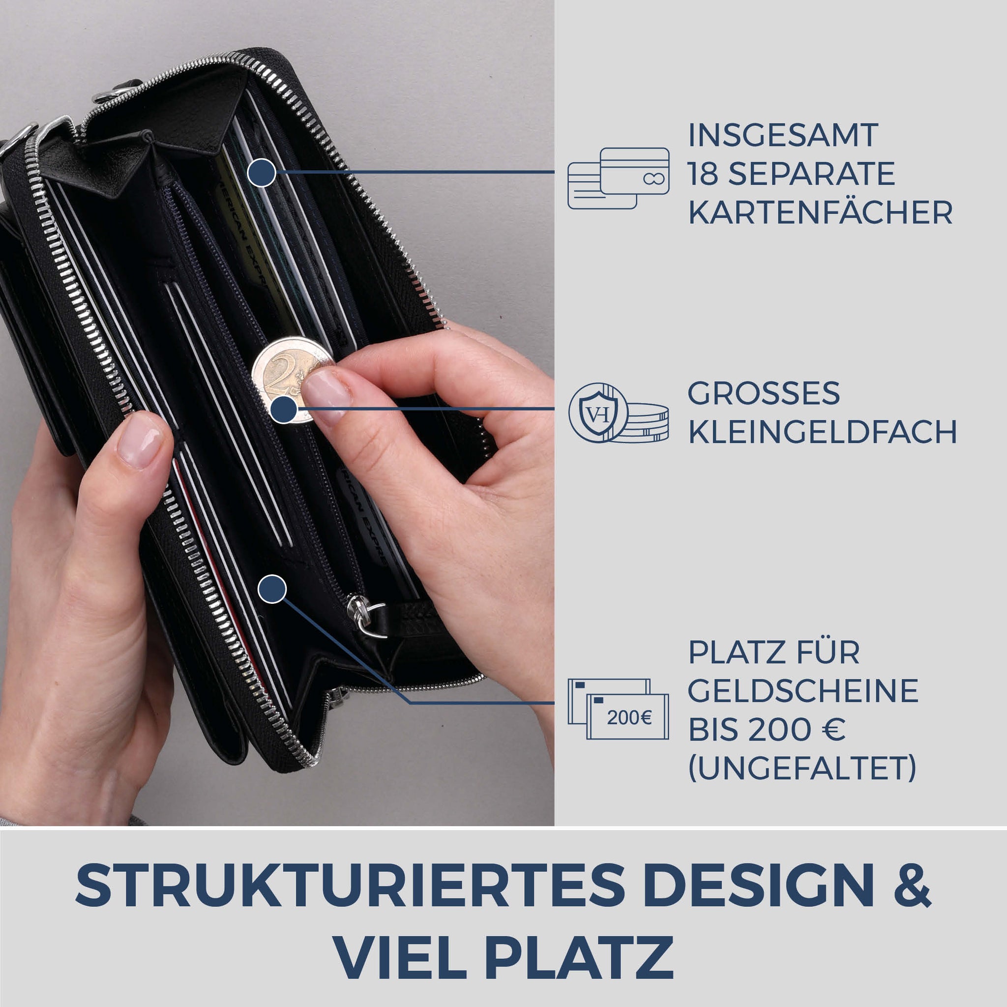 Geldbörse mit Handyfach, RFID-Schutz & 18 Kartenfächer (Genarbt)