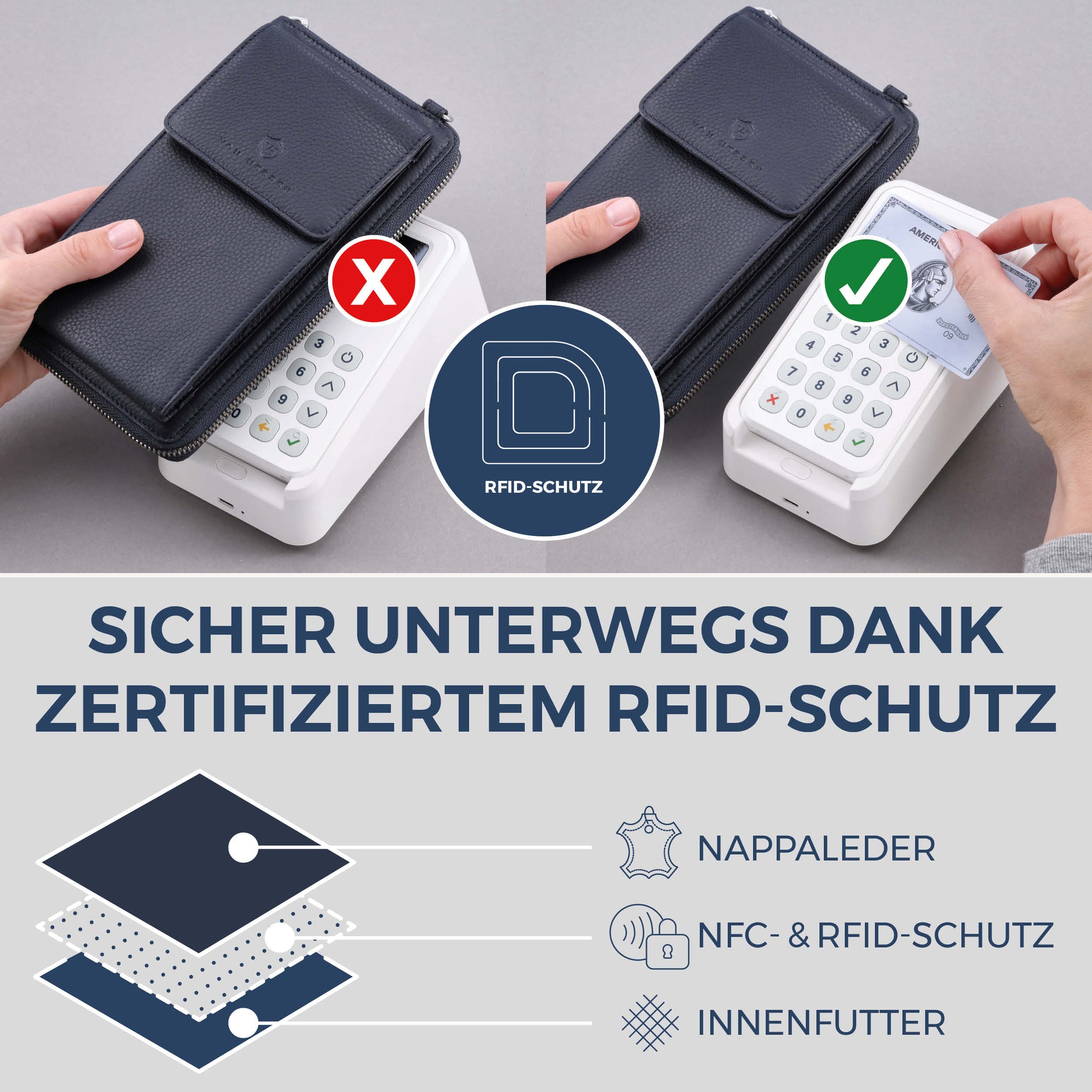 Geldbörse mit Handyfach, RFID-Schutz & 18 Kartenfächer (Genarbt)