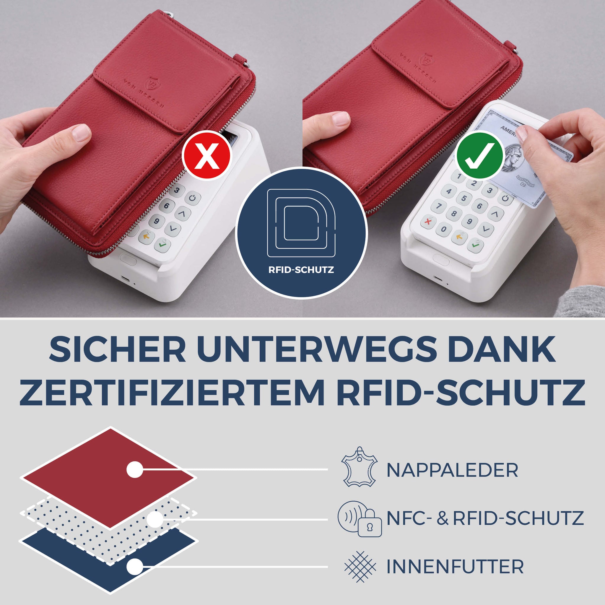 Geldbörse mit Handyfach, RFID-Schutz & 18 Kartenfächer (Genarbt)