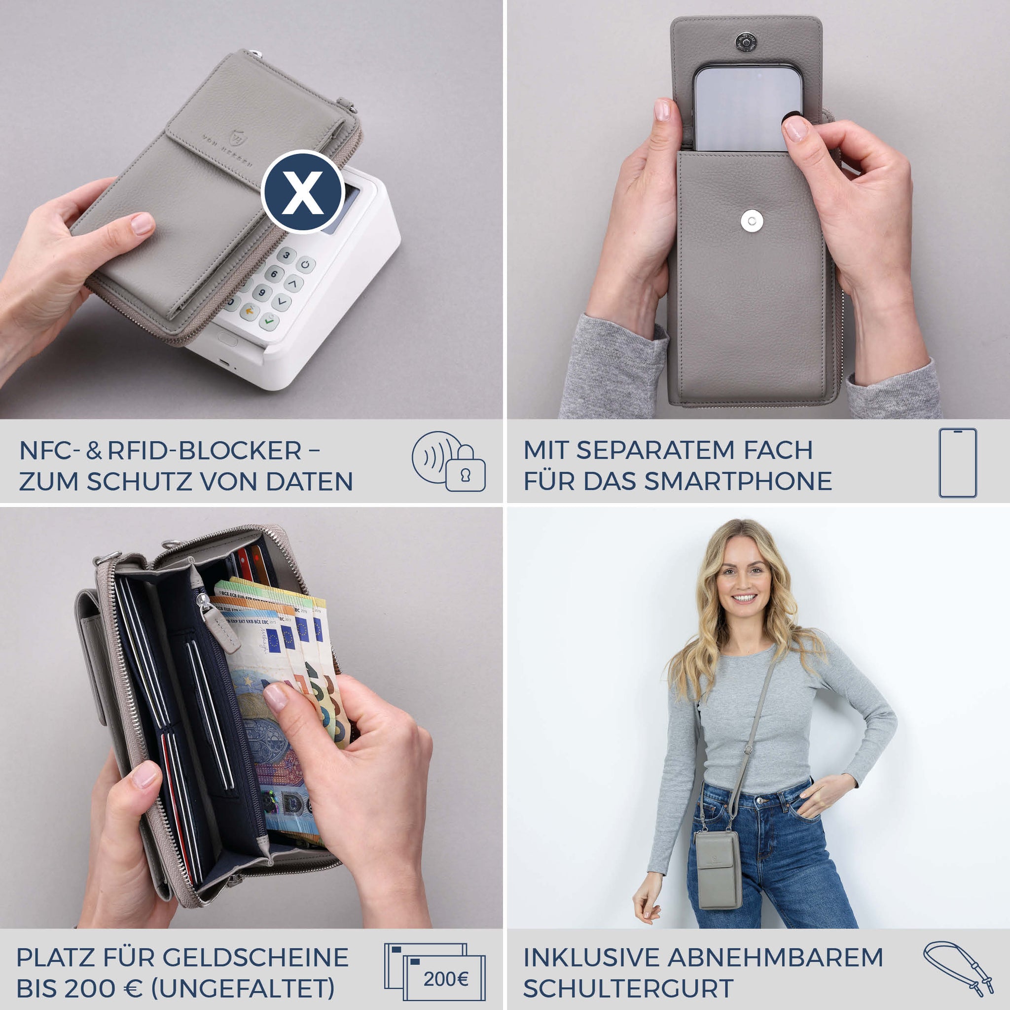 Geldbörse mit Handyfach, RFID-Schutz & 18 Kartenfächer (Genarbt)