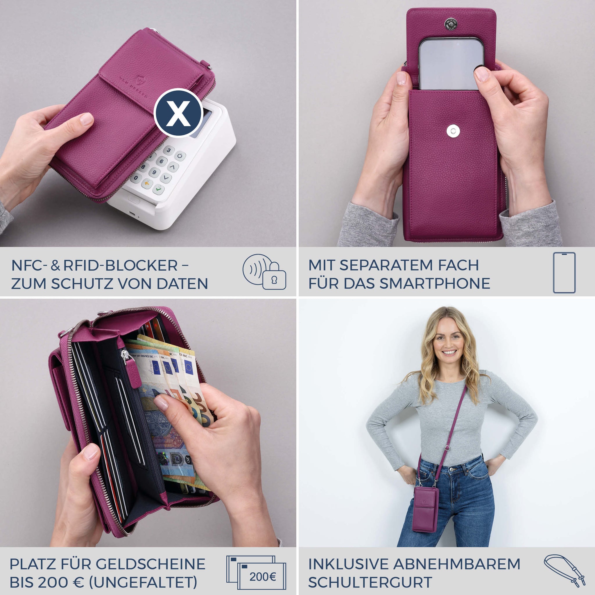 Geldbörse mit Handyfach, RFID-Schutz & 18 Kartenfächer (Genarbt)