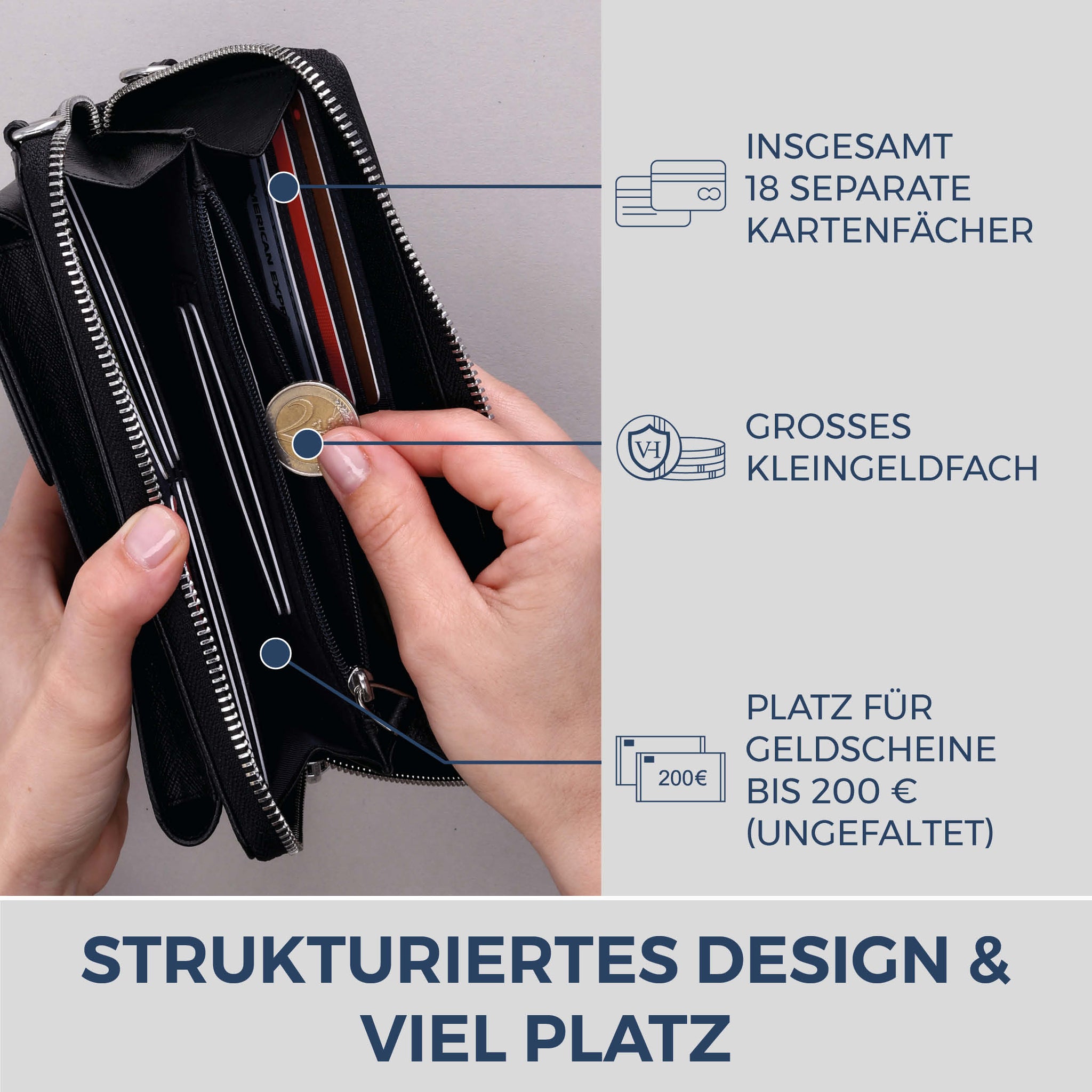 Geldbörse mit Handyfach, RFID-Schutz & 18 Kartenfächer (Saffiano)