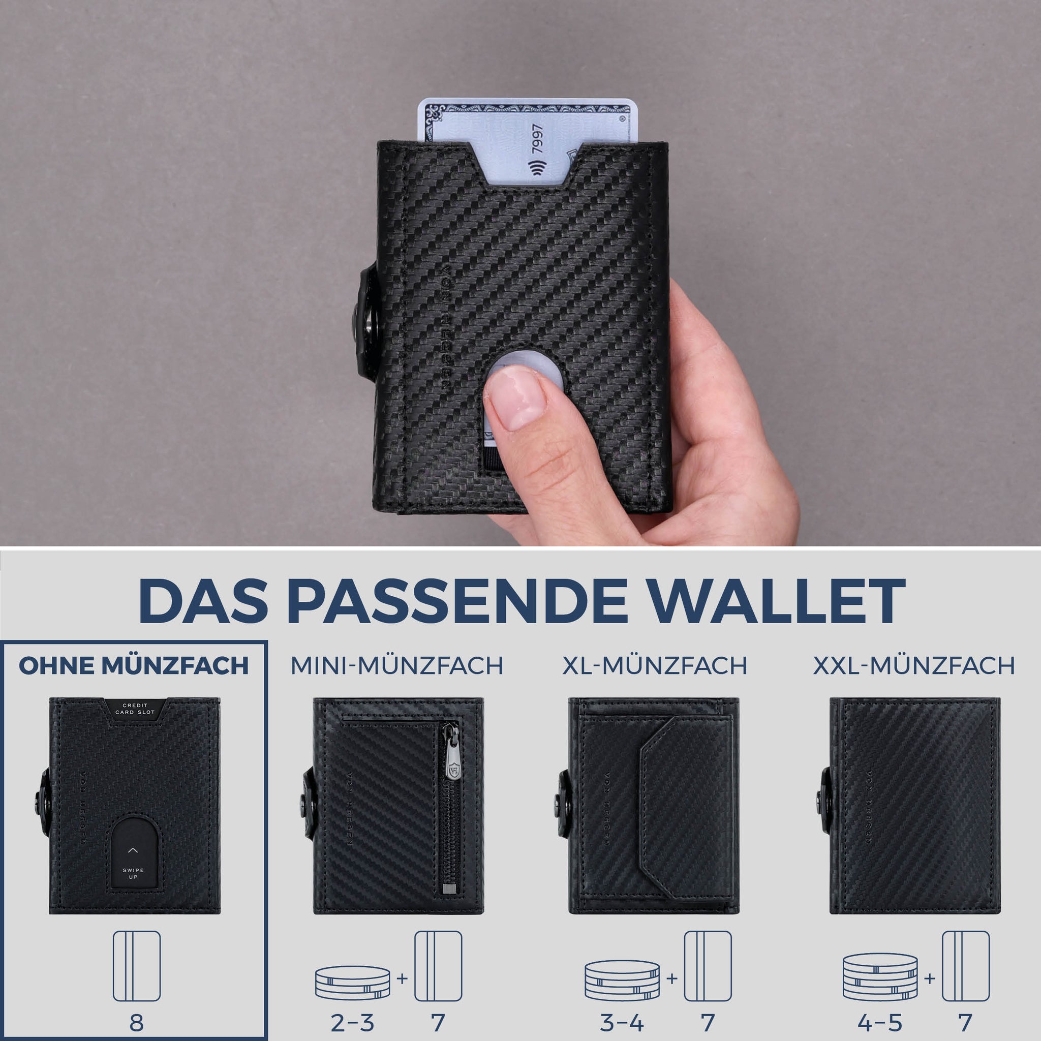 Slim Wallet mit RFID-Schutz & 8 Kartenfächer (Carbon)