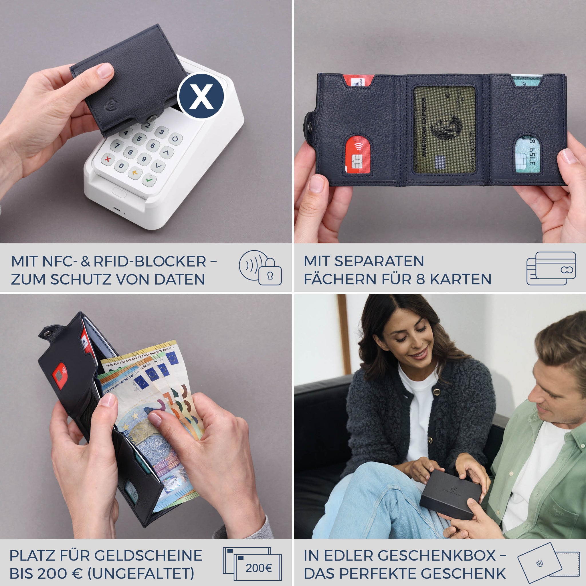 Slim Wallet mit RFID-Schutz & 8 Kartenfächer (Genarbt)