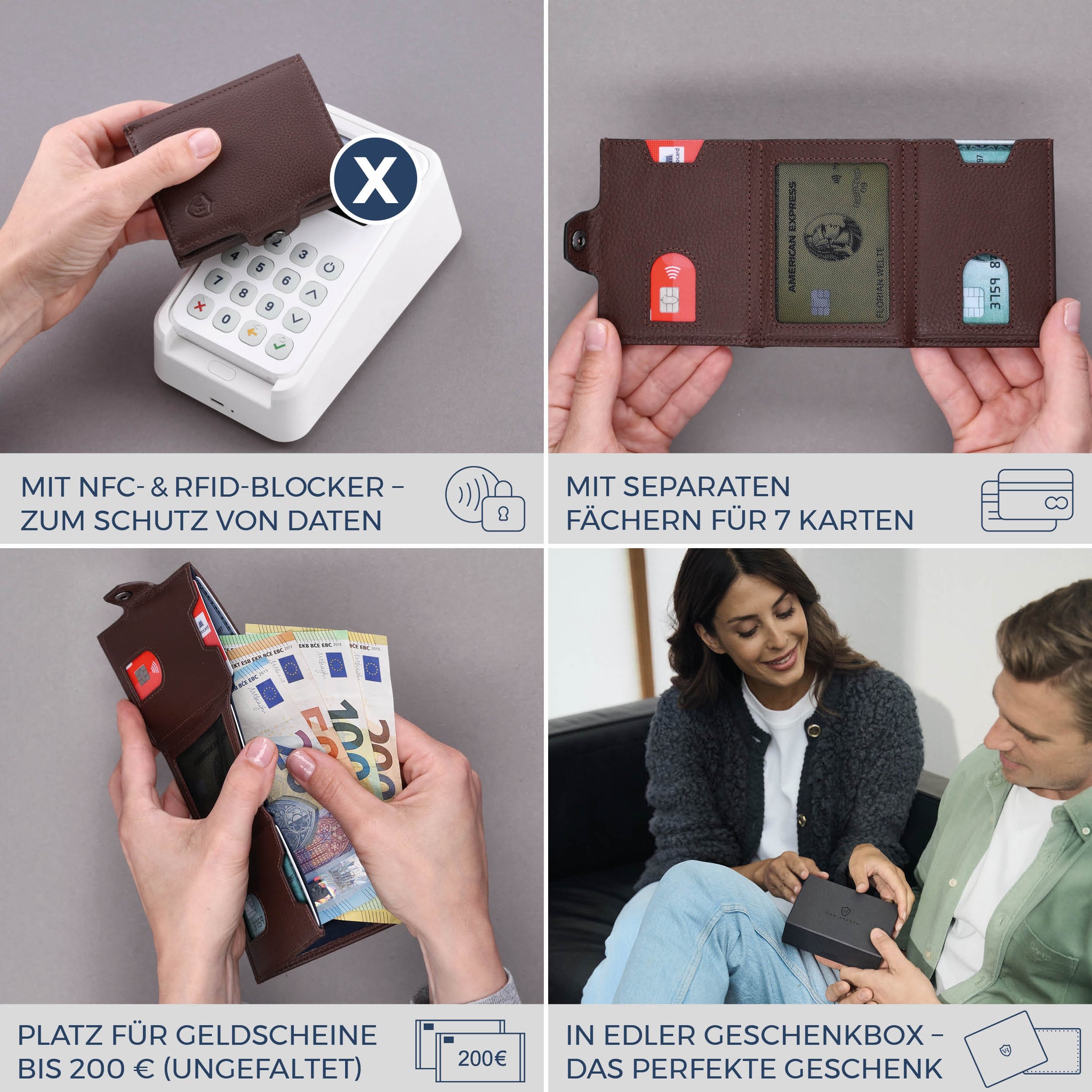 Slim Wallet mit RFID-Schutz, 7 Kartenfächer & Mini-Münzfach (Genarbt)