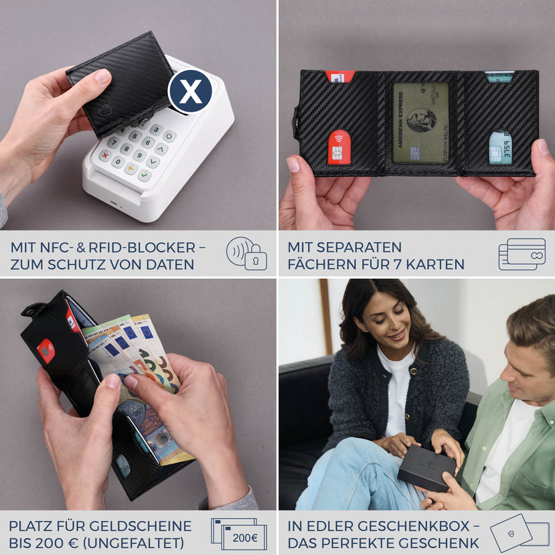 Slim Wallet mit RFID-Schutz, 7 Kartenfächer & Mini-Münzfach (Carbon)