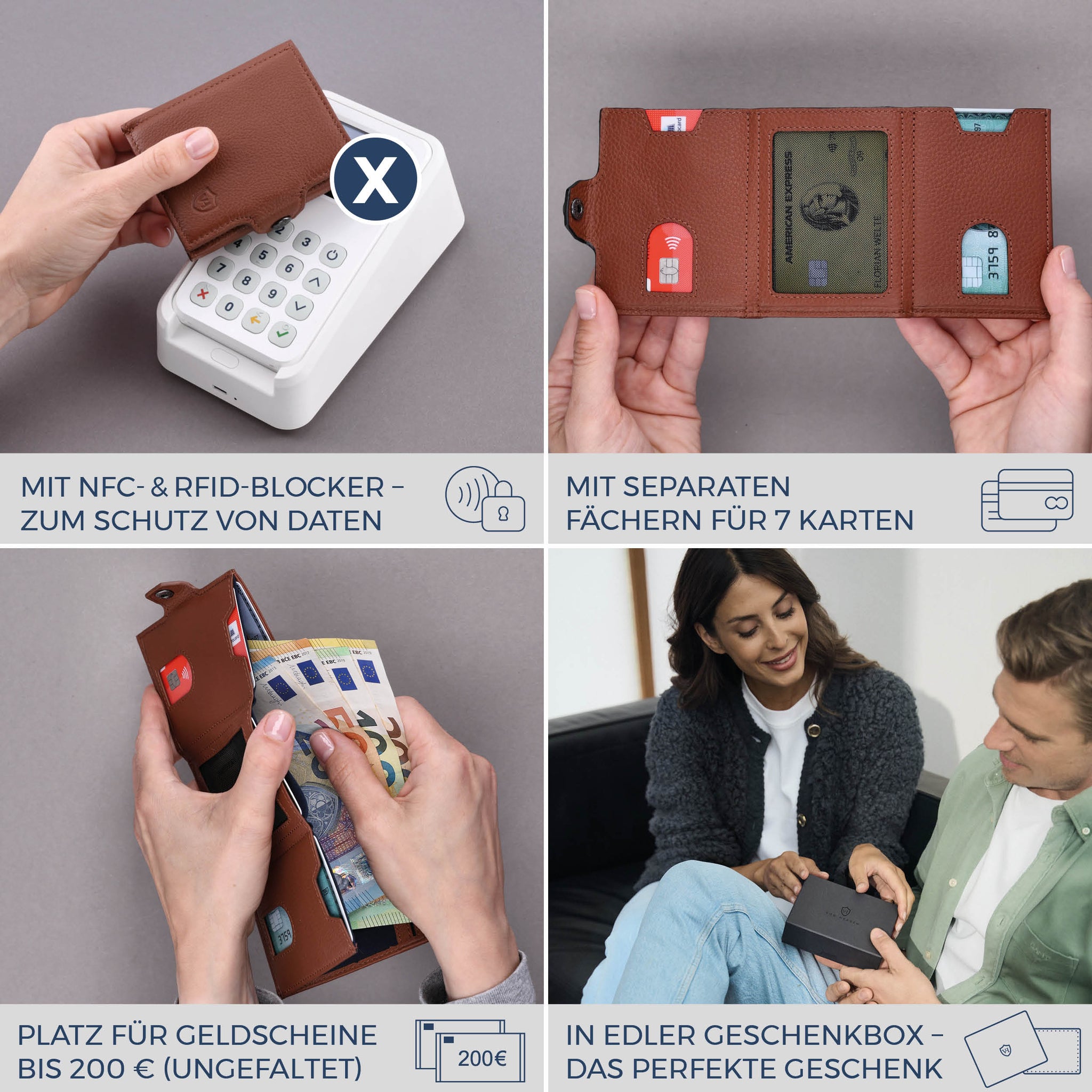 Slim Wallet mit RFID-Schutz, 7 Kartenfächer & Mini-Münzfach (Genarbt)