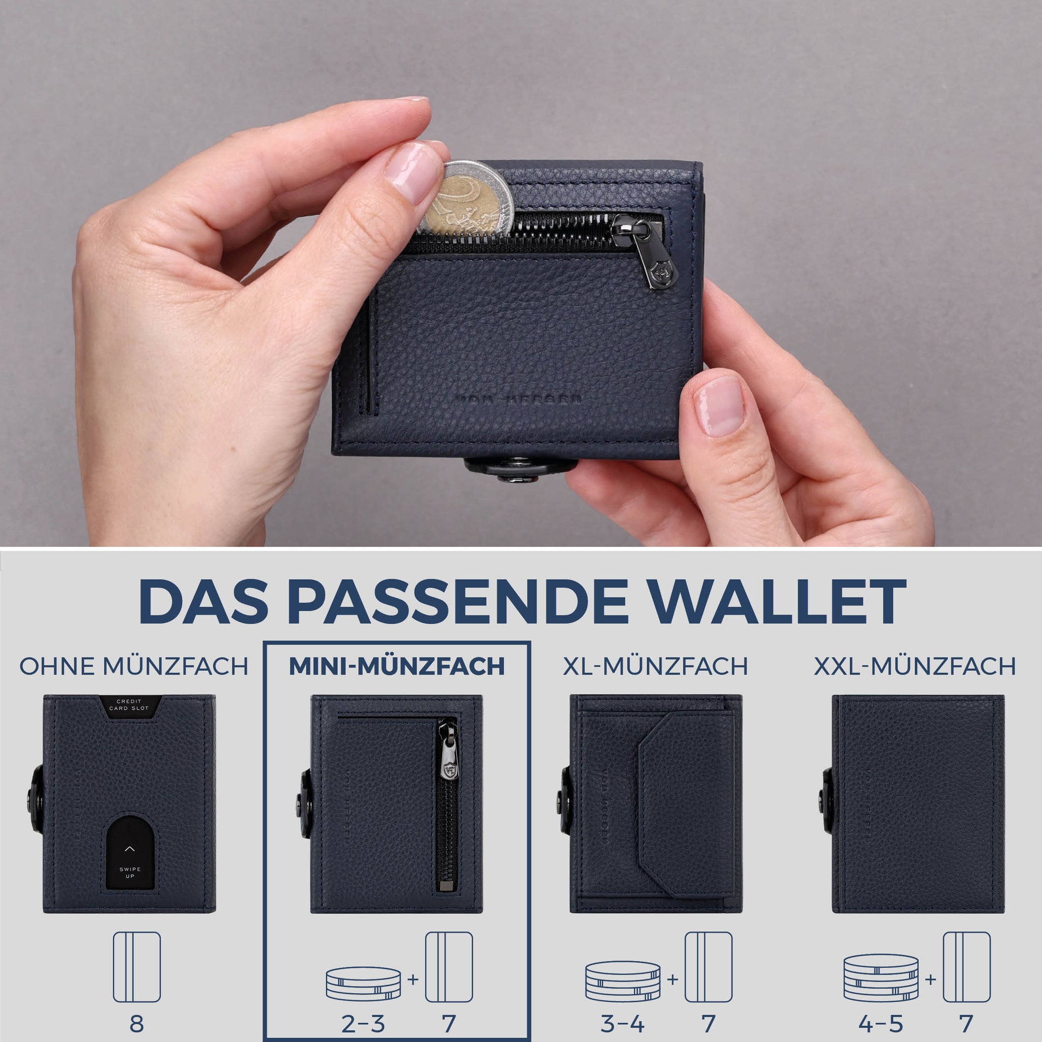 Slim Wallet mit RFID-Schutz, 7 Kartenfächer & Mini-Münzfach (Genarbt)