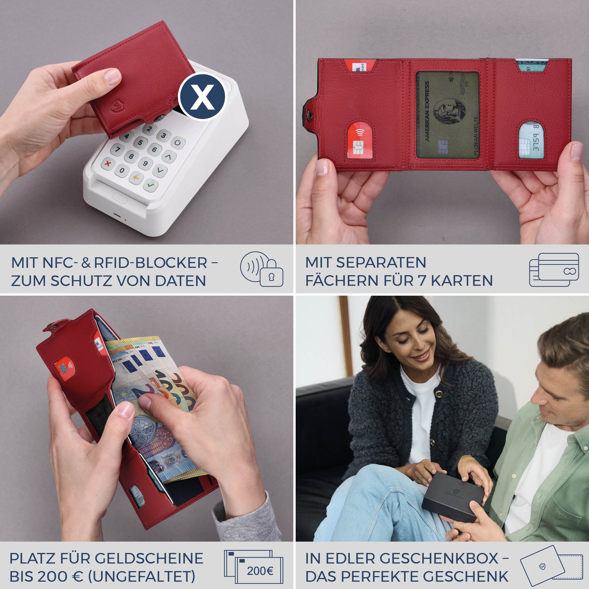 Slim Wallet mit RFID-Schutz, 7 Kartenfächer & Mini-Münzfach (Genarbt)