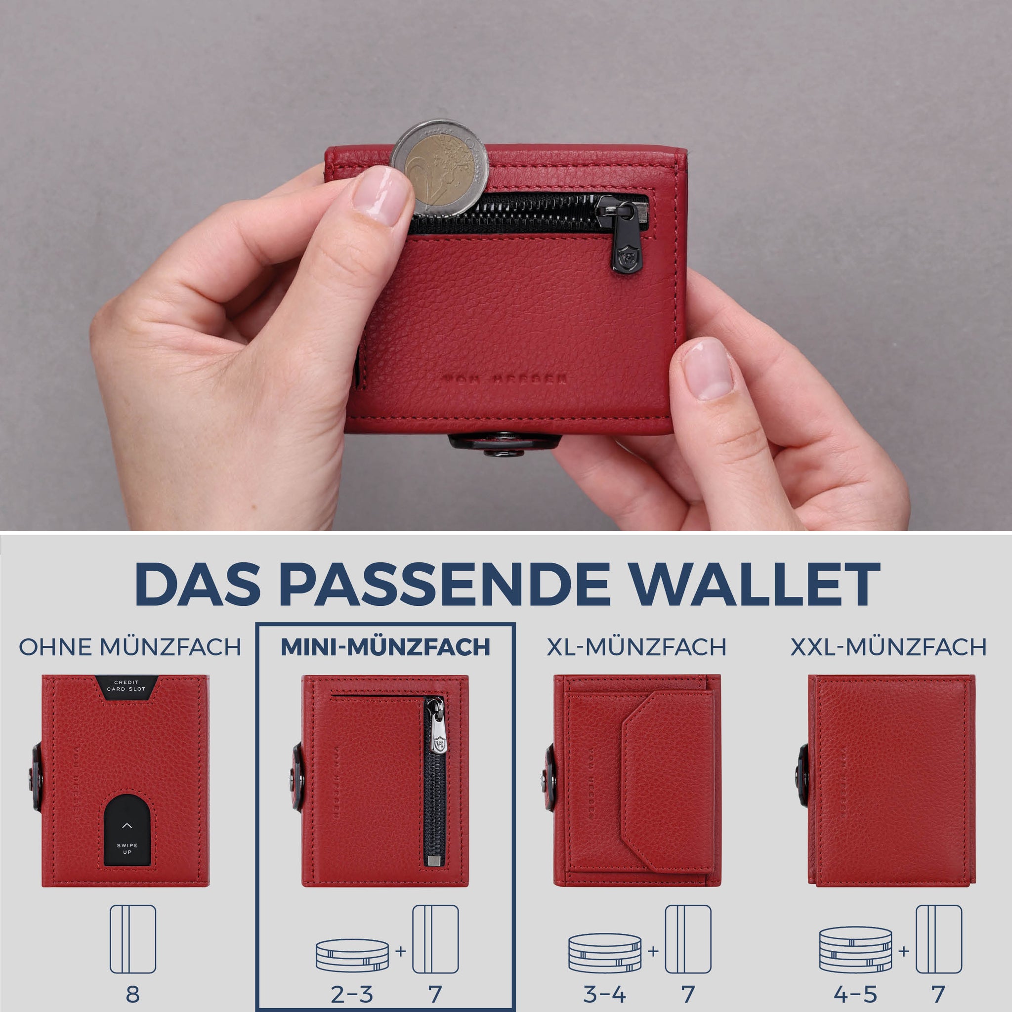 Slim Wallet mit RFID-Schutz, 7 Kartenfächer & Mini-Münzfach (Genarbt)