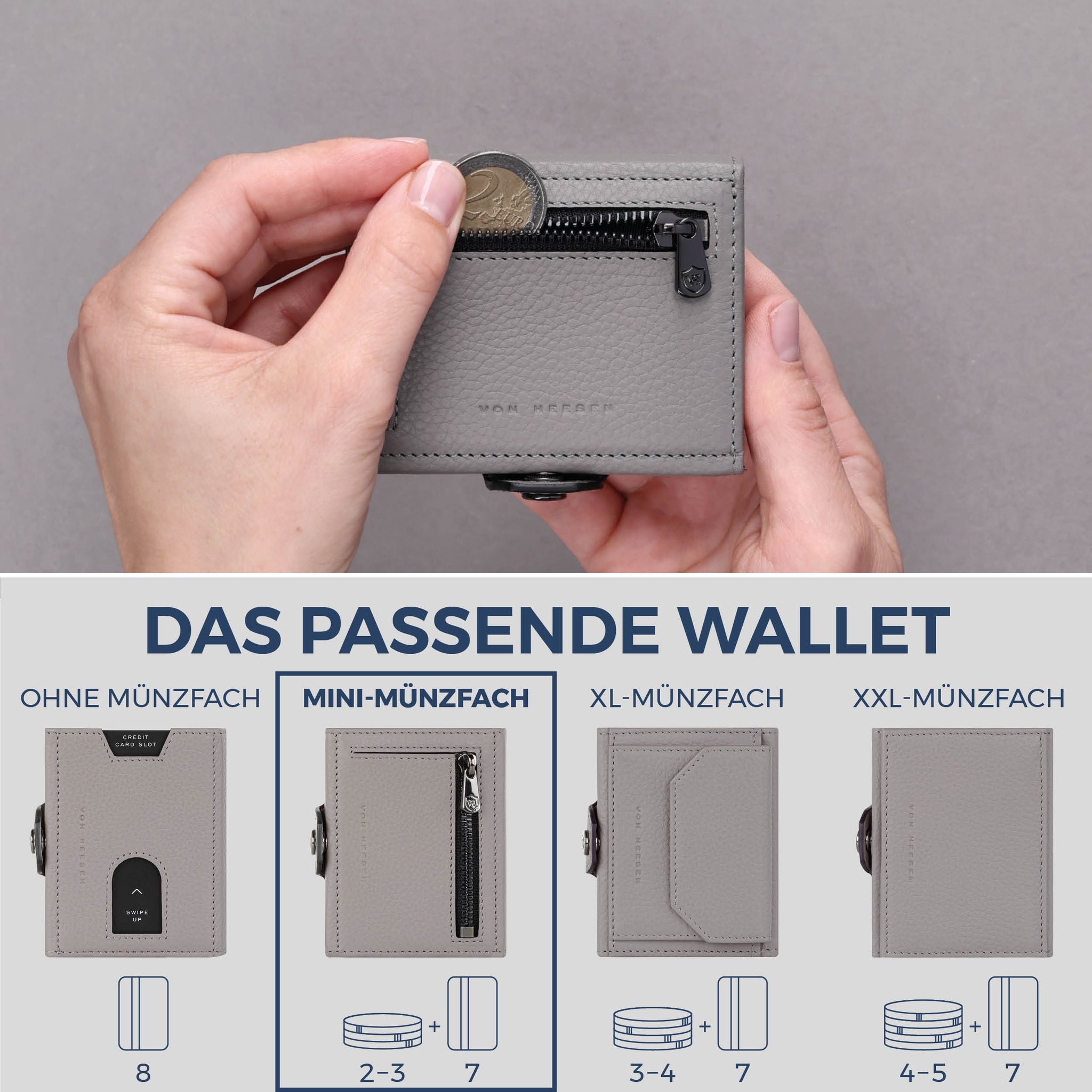 Slim Wallet mit RFID-Schutz, 7 Kartenfächer & Mini-Münzfach (Genarbt)