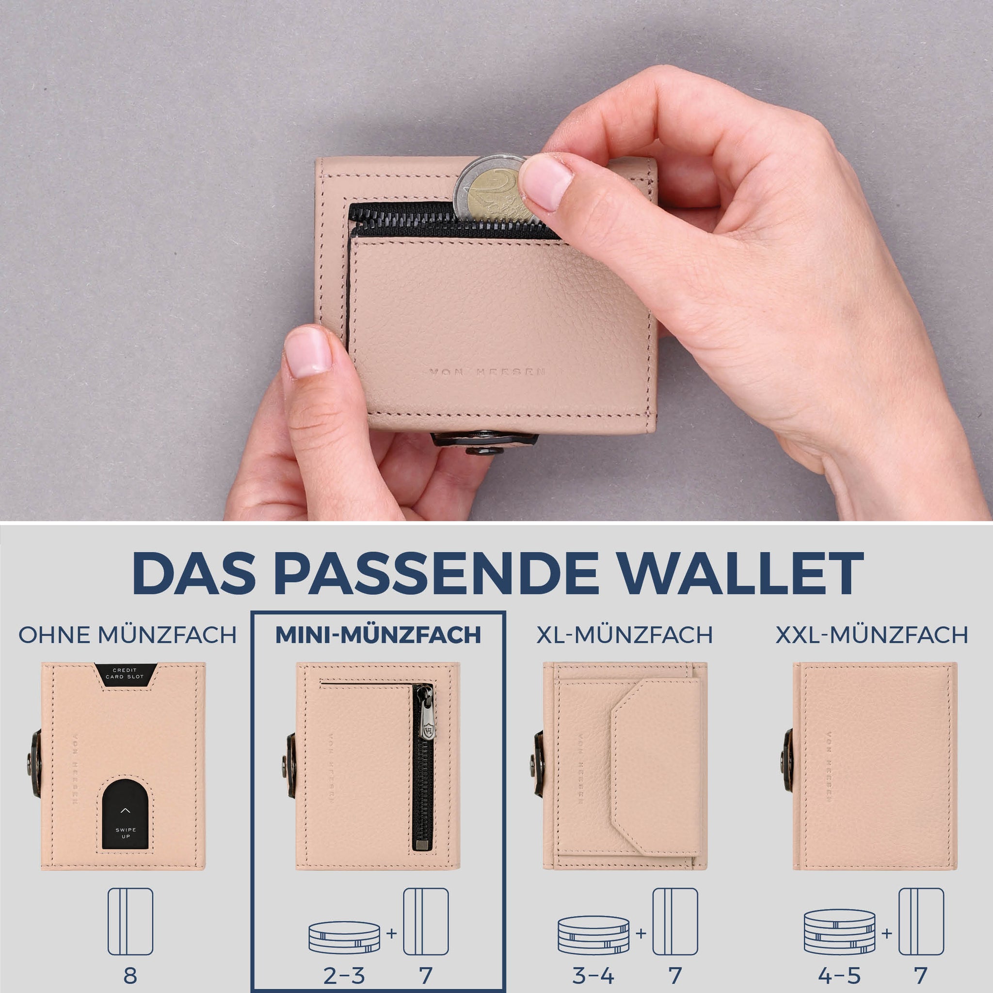 Slim Wallet mit RFID-Schutz, 7 Kartenfächer & Mini-Münzfach (Genarbt)