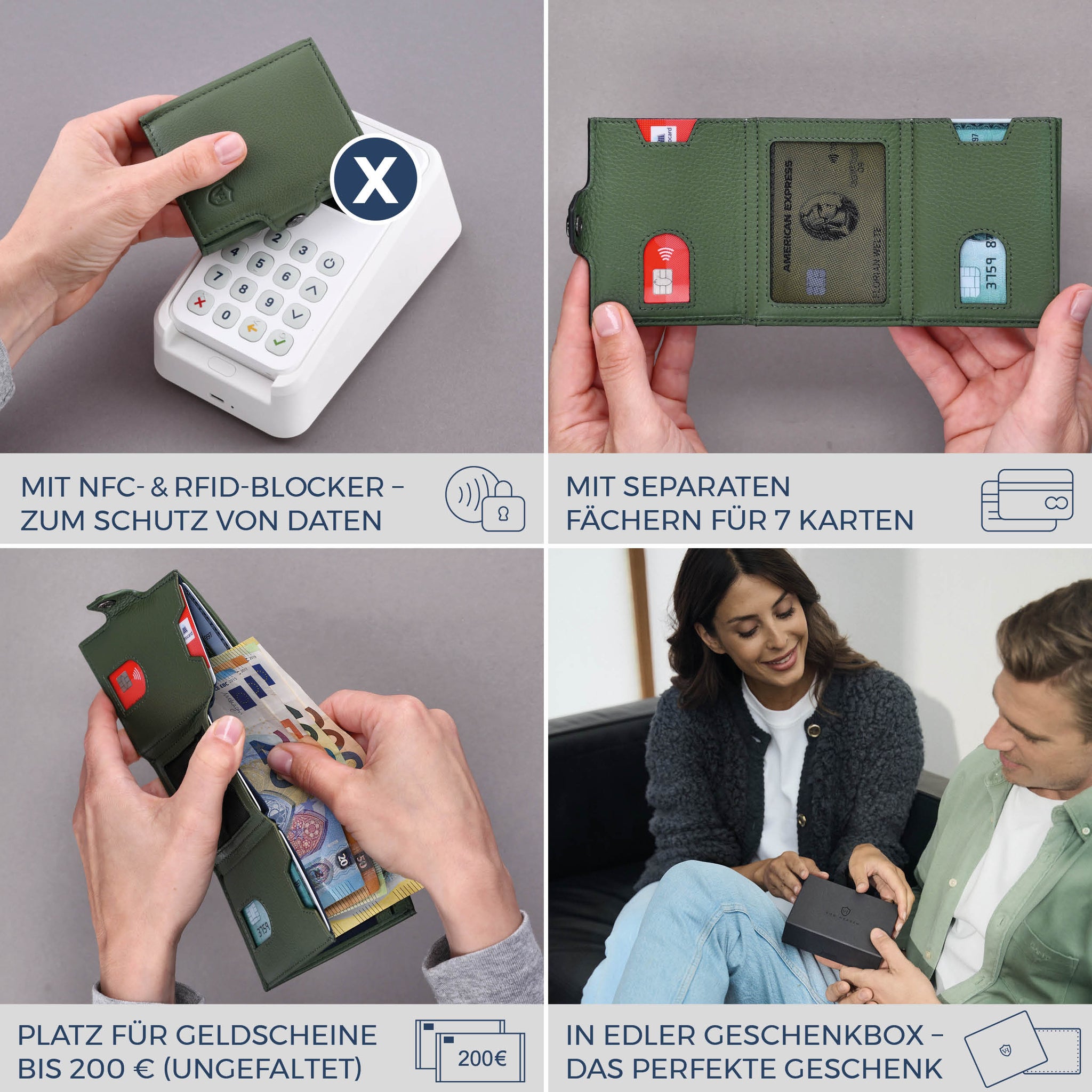 Slim Wallet mit RFID-Schutz, 7 Kartenfächer & Mini-Münzfach (Genarbt)