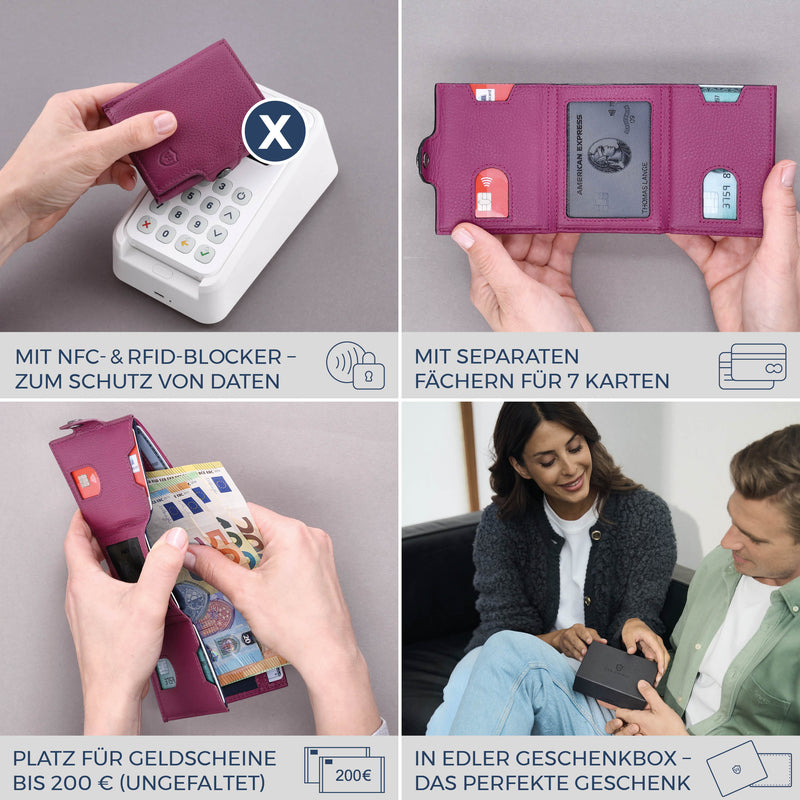 Slim Wallet mit RFID-Schutz, 7 Kartenfächer & Mini-Münzfach (Genarbt)