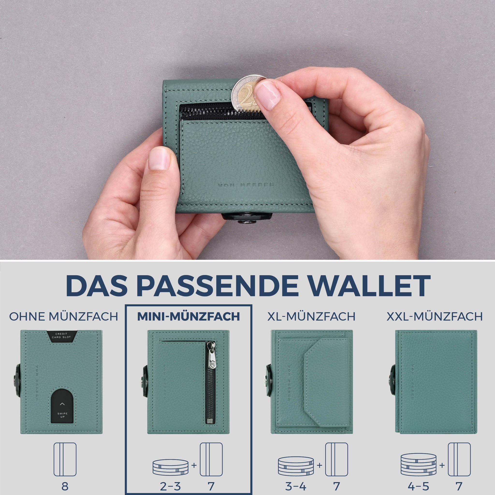 Slim Wallet mit RFID-Schutz, 7 Kartenfächer & Mini-Münzfach (Genarbt)