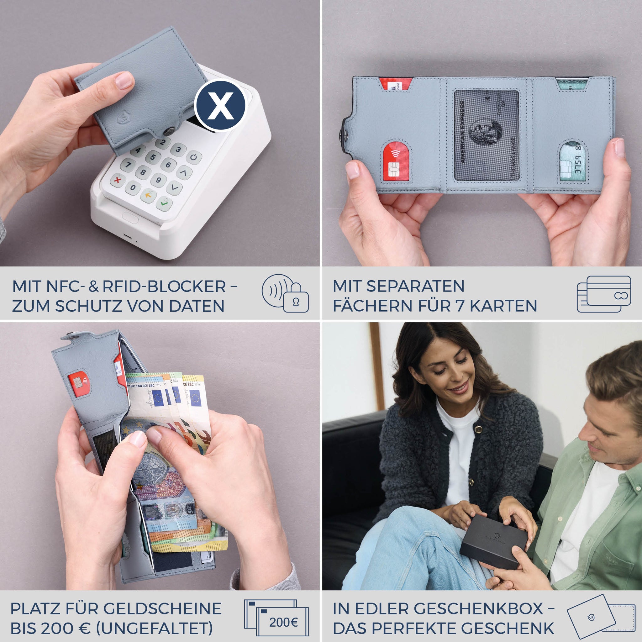 Slim Wallet mit RFID-Schutz, 7 Kartenfächer & Mini-Münzfach (Genarbt)