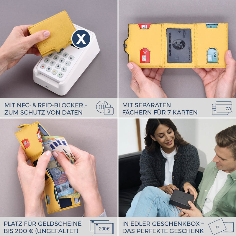 Slim Wallet mit RFID-Schutz, 7 Kartenfächer & Mini-Münzfach (Genarbt)