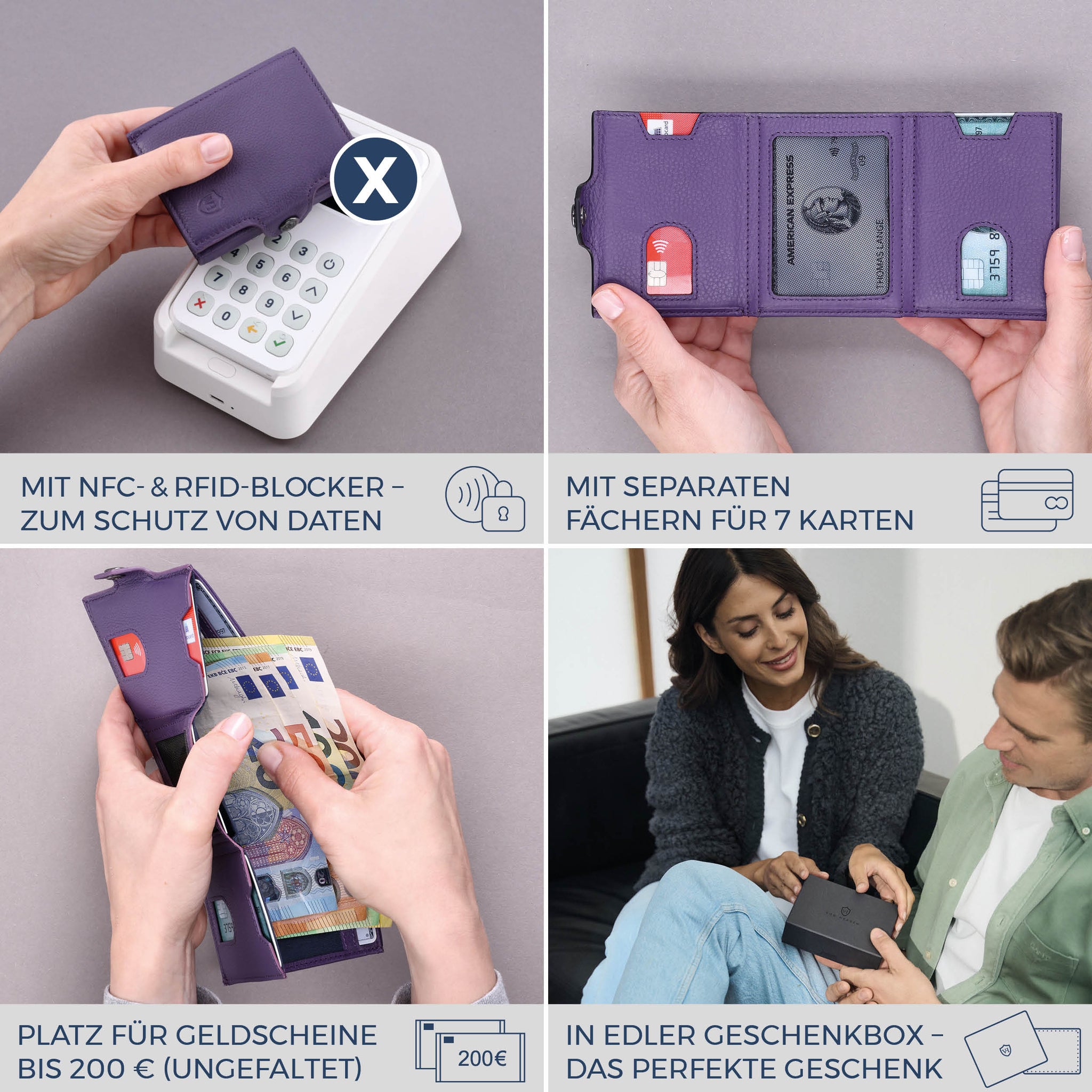 Slim Wallet mit RFID-Schutz, 7 Kartenfächer & Mini-Münzfach (Genarbt)