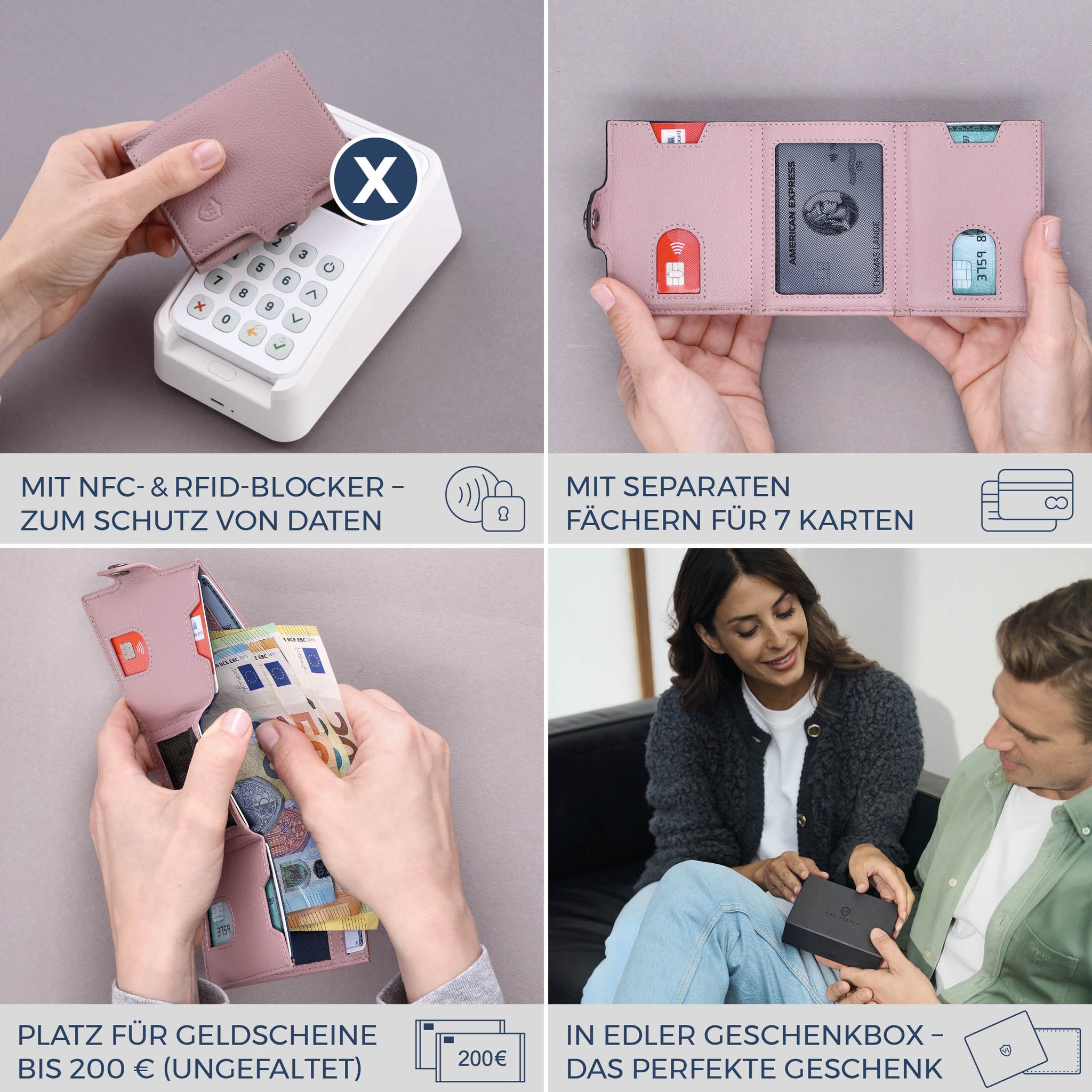 Slim Wallet mit RFID-Schutz, 7 Kartenfächer & Mini-Münzfach (Genarbt)