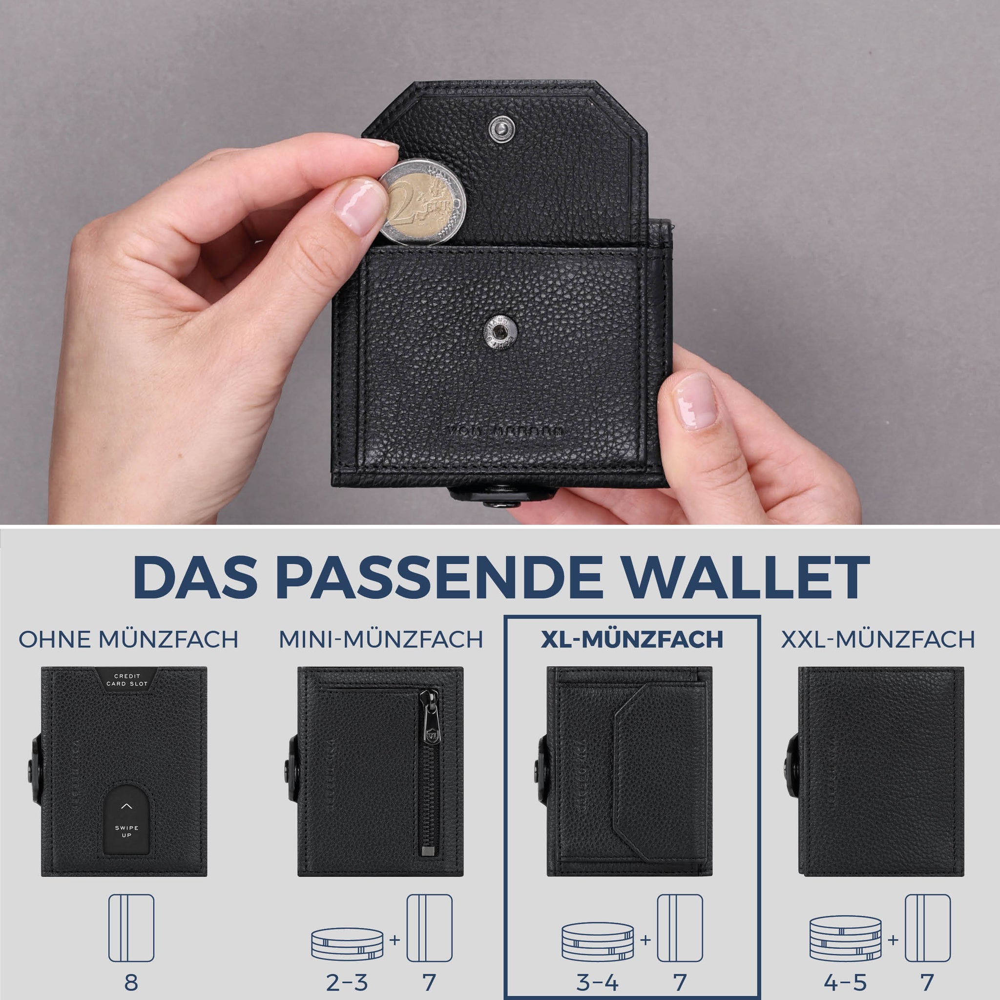Slim Wallet mit RFID-Schutz, 7 Kartenfächer & XL-Münzfach (Genarbt)