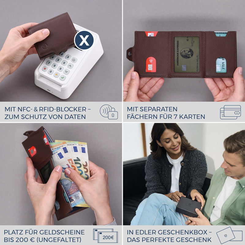 Slim Wallet mit RFID-Schutz, 7 Kartenfächer & XL-Münzfach (Genarbt)
