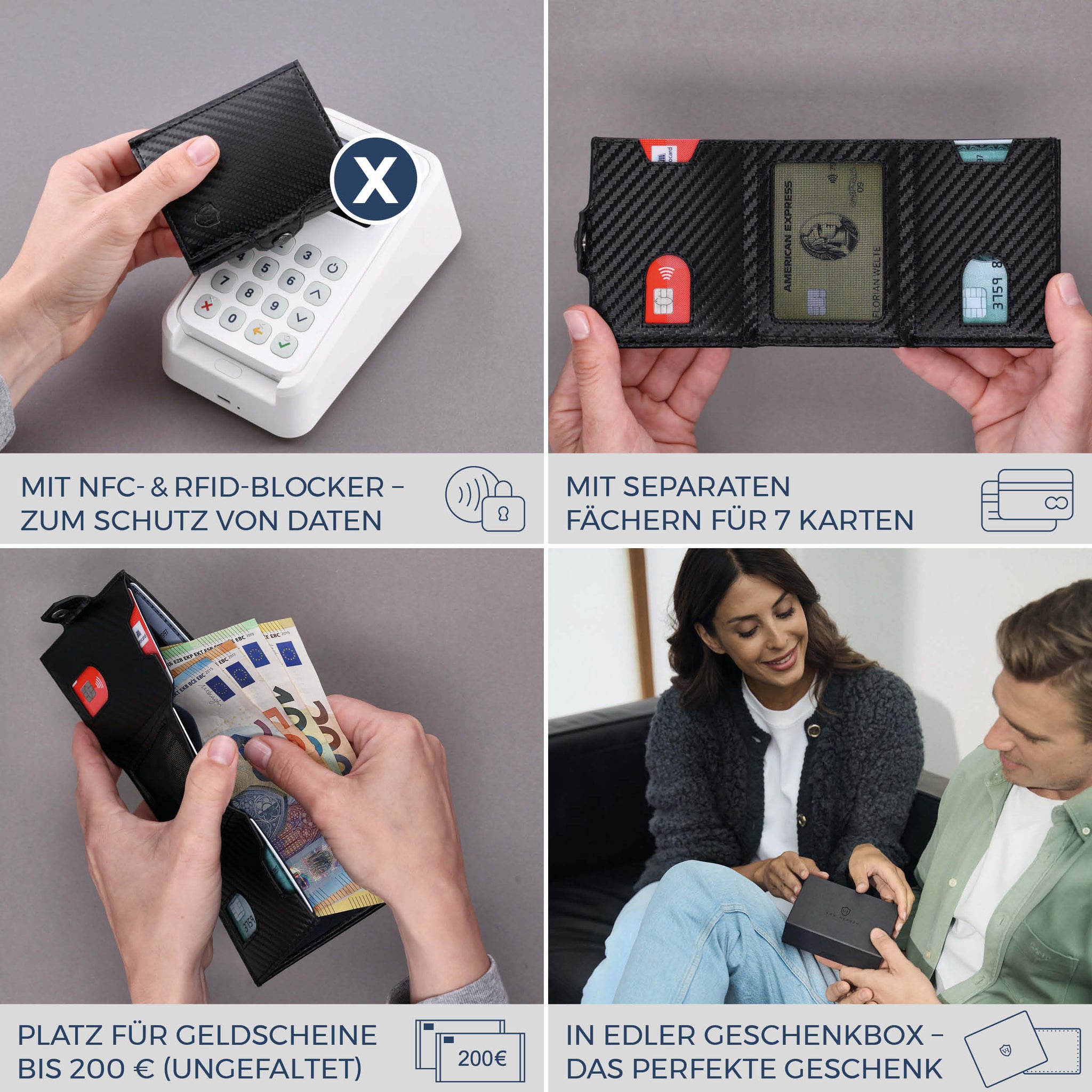 Slim Wallet mit RFID-Schutz, 7 Kartenfächer & XL-Münzfach (Carbon)