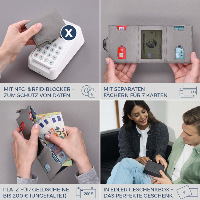 Slim Wallet mit RFID-Schutz, 7 Kartenfächer & XL-Münzfach (Genarbt)