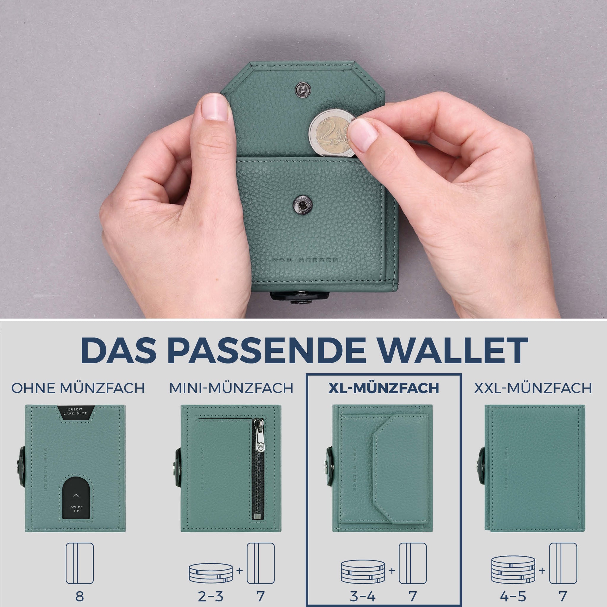 Slim Wallet mit RFID-Schutz, 7 Kartenfächer & XL-Münzfach (Genarbt)