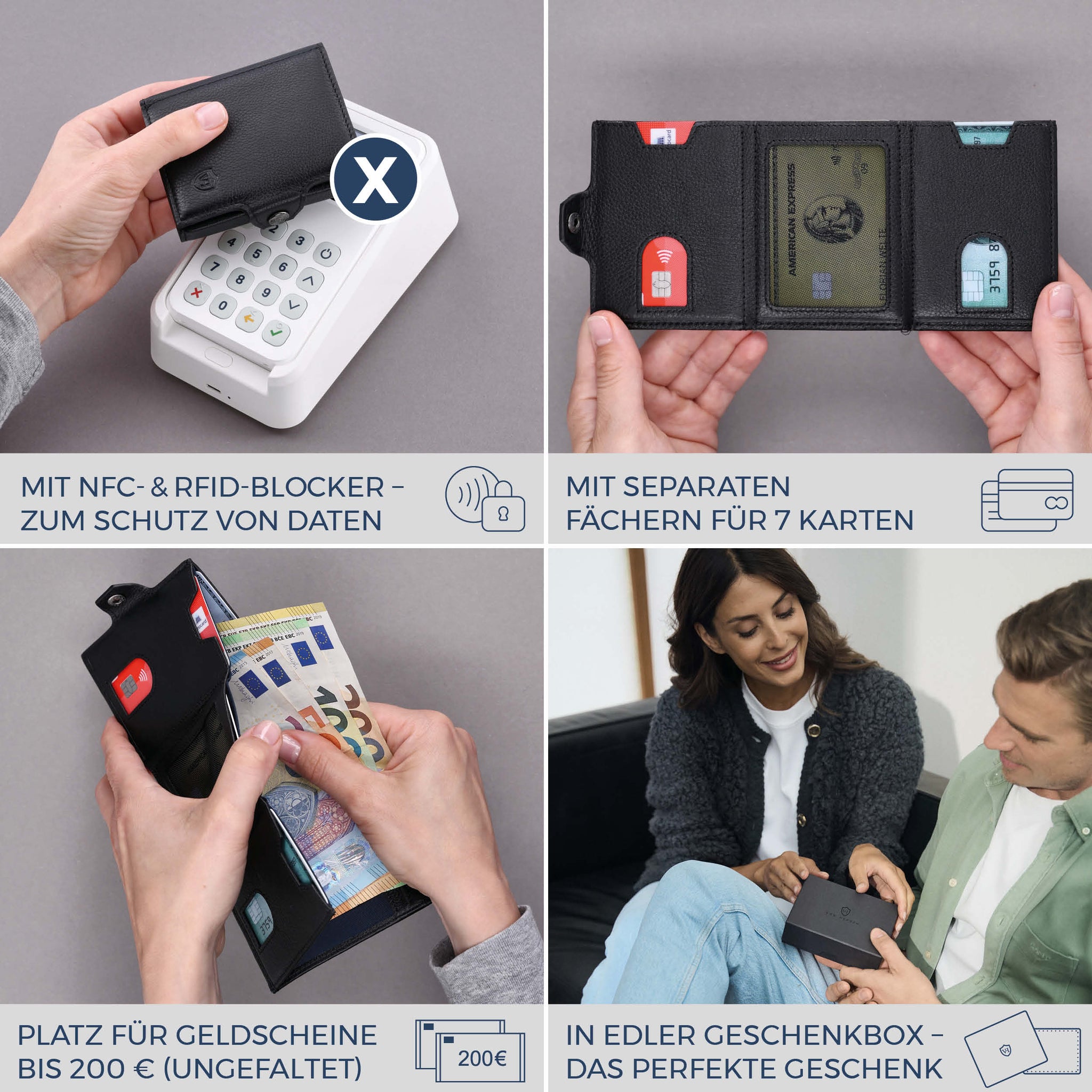 Slim Wallet mit RFID-Schutz, 7 Kartenfächer & XXL-Münzfach (Genarbt)