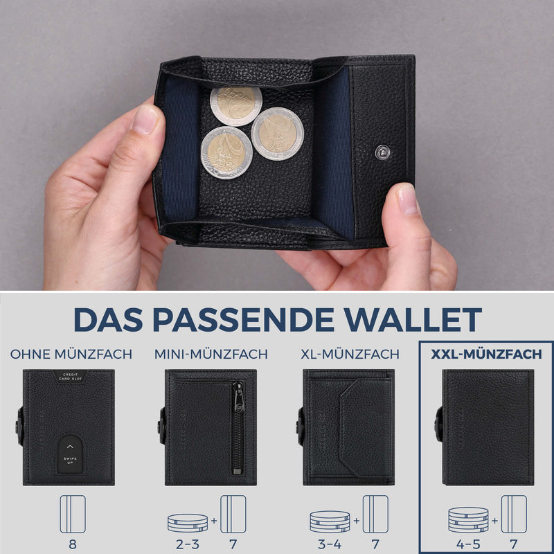 Slim Wallet mit RFID-Schutz, 7 Kartenfächer & XXL-Münzfach (Genarbt)