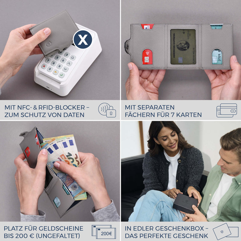 Slim Wallet mit RFID-Schutz, 7 Kartenfächer & XXL-Münzfach (Genarbt)