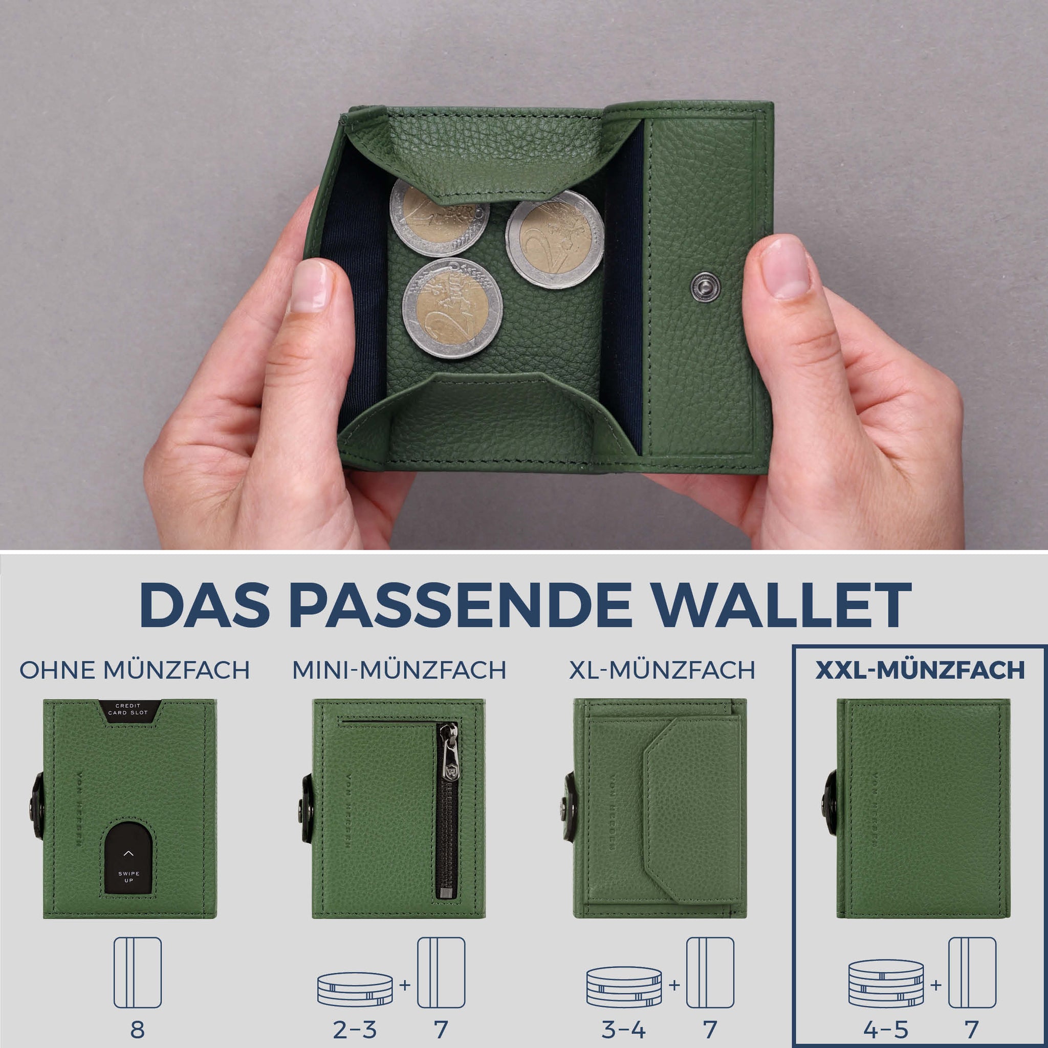 Slim Wallet mit RFID-Schutz, 7 Kartenfächer & XXL-Münzfach (Genarbt)