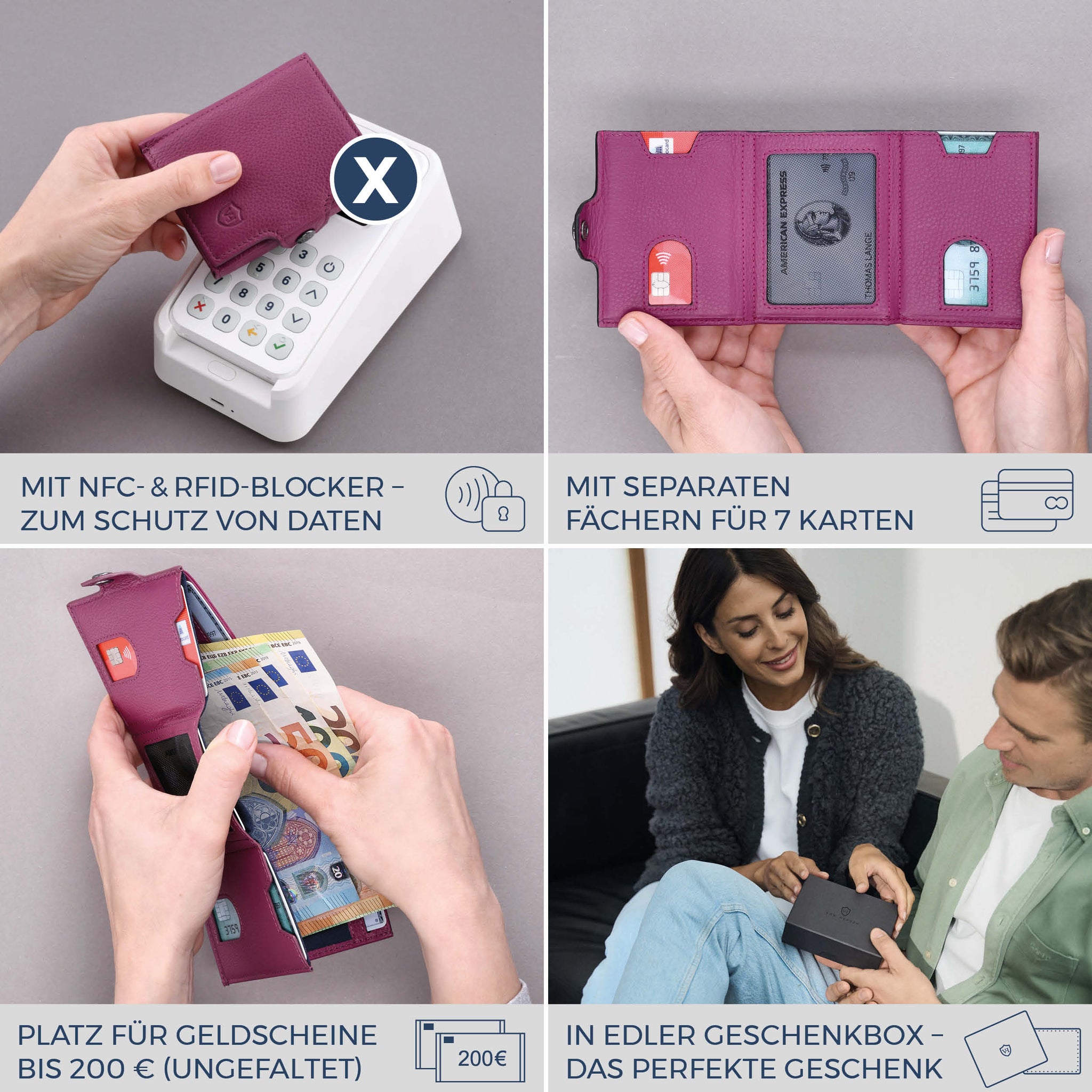 Slim Wallet mit RFID-Schutz, 7 Kartenfächer & XXL-Münzfach (Genarbt)