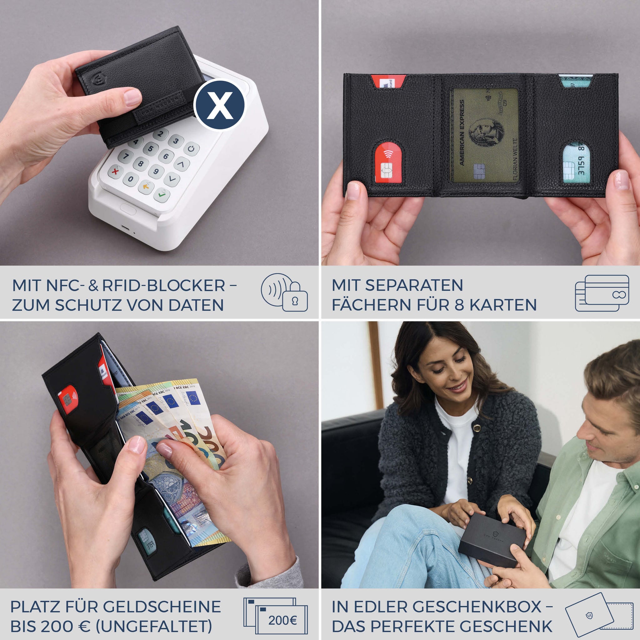 Slim Wallet mit RFID-Schutz & 8 Kartenfächer (Genarbt)