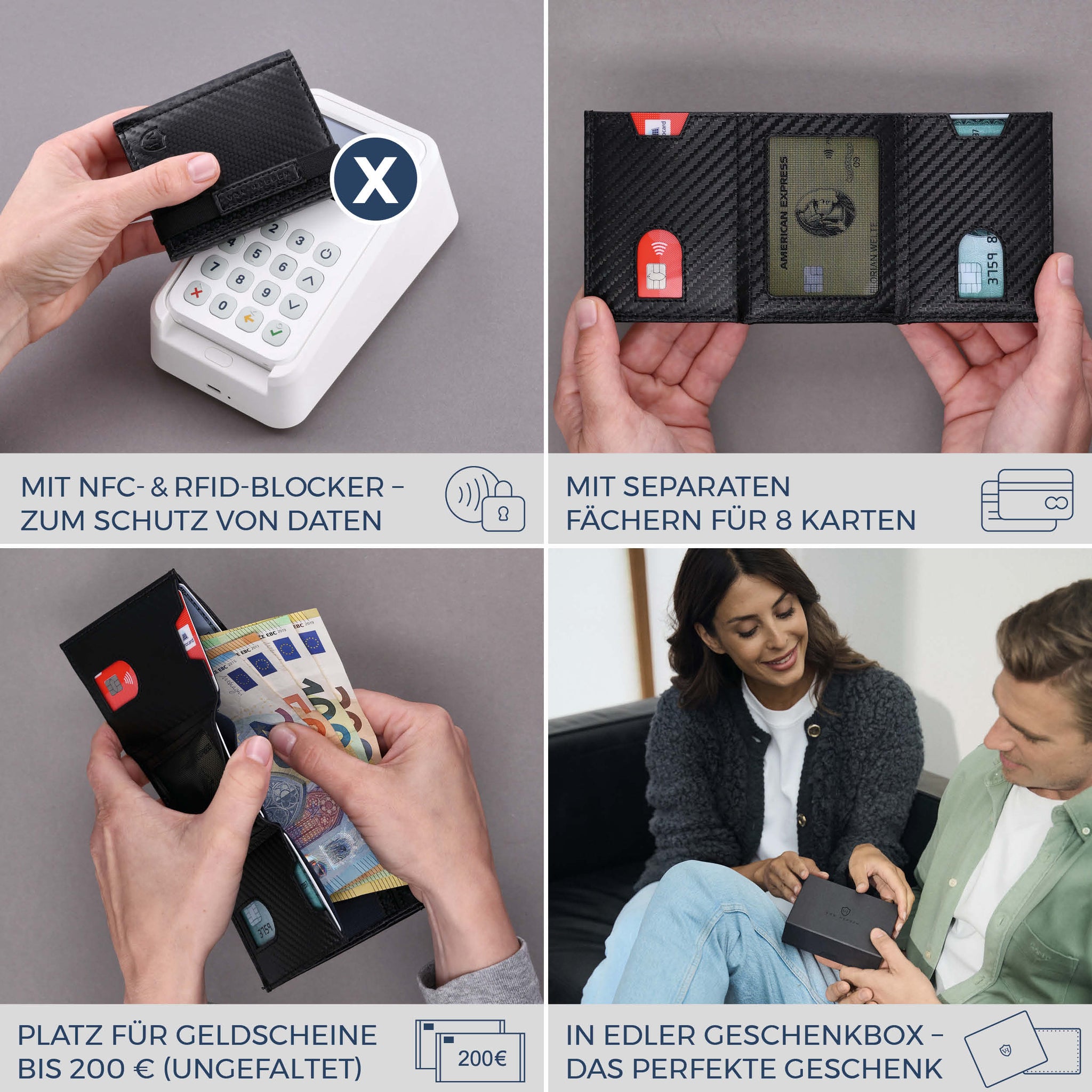 Slim Wallet mit RFID-Schutz & 8 Kartenfächer (Carbon)
