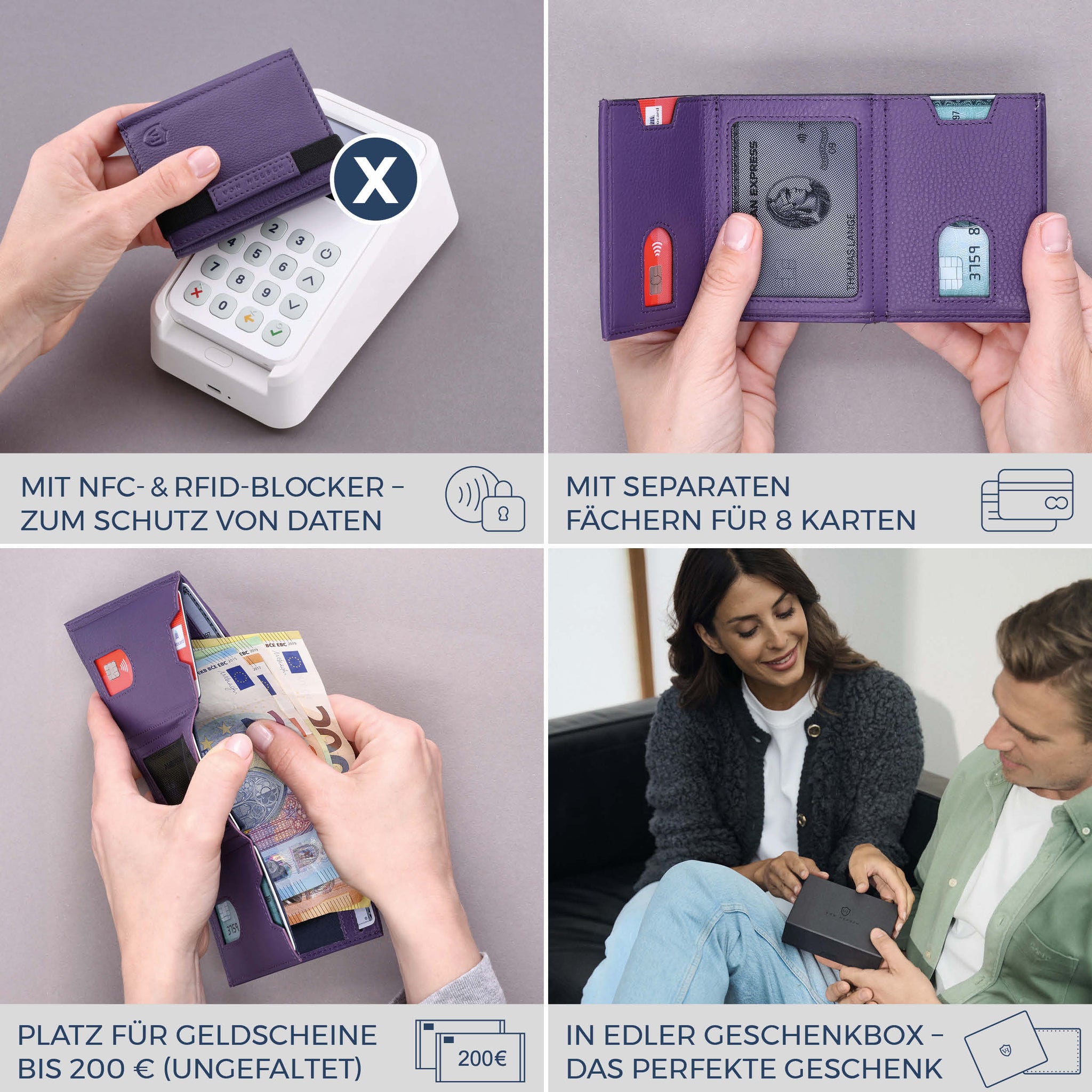Slim Wallet mit RFID-Schutz & 8 Kartenfächer (Genarbt)