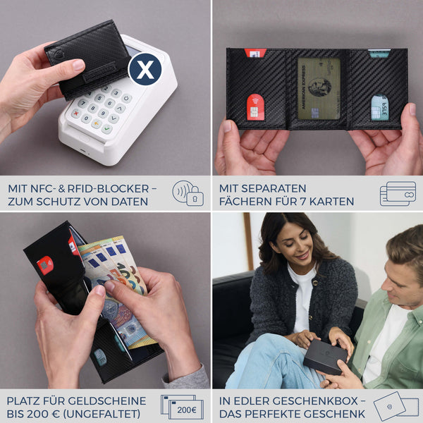 Slim Wallet mit RFID-Schutz, 7 Kartenfächer & Mini-Münzfach (Carbon)
