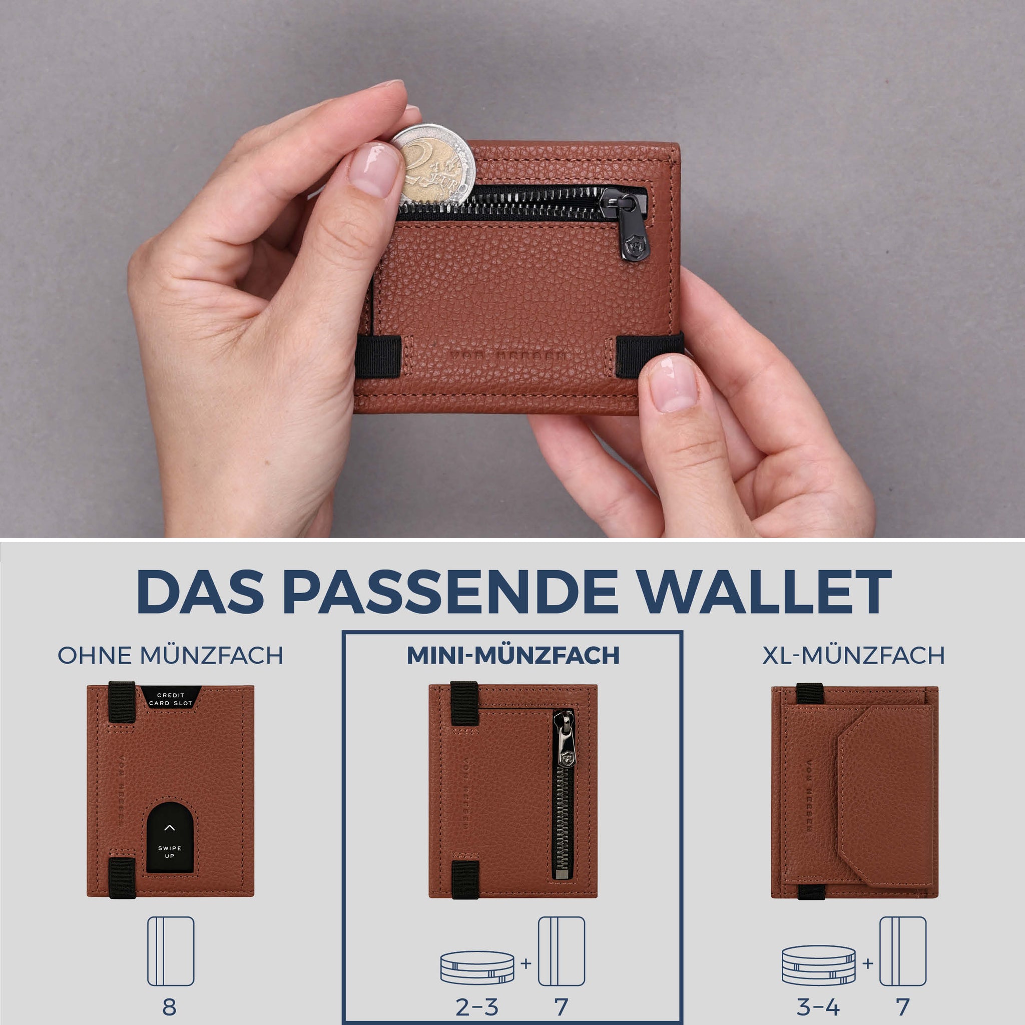 Slim Wallet mit RFID-Schutz, 7 Kartenfächer & Mini-Münzfach (Genarbt)