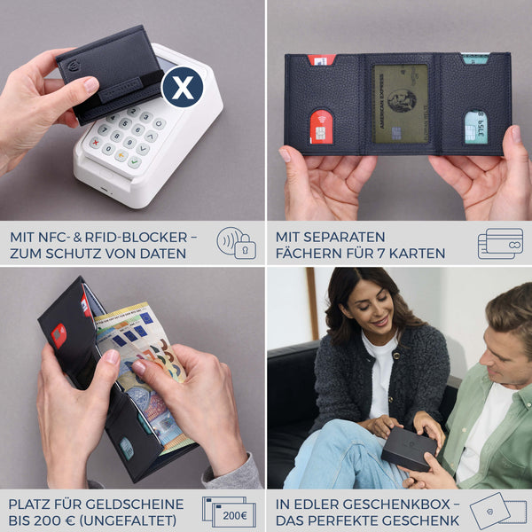 Slim Wallet mit RFID-Schutz, 7 Kartenfächer & Mini-Münzfach (Genarbt)