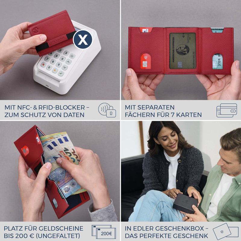 Slim Wallet mit RFID-Schutz, 7 Kartenfächer & Mini-Münzfach (Genarbt)