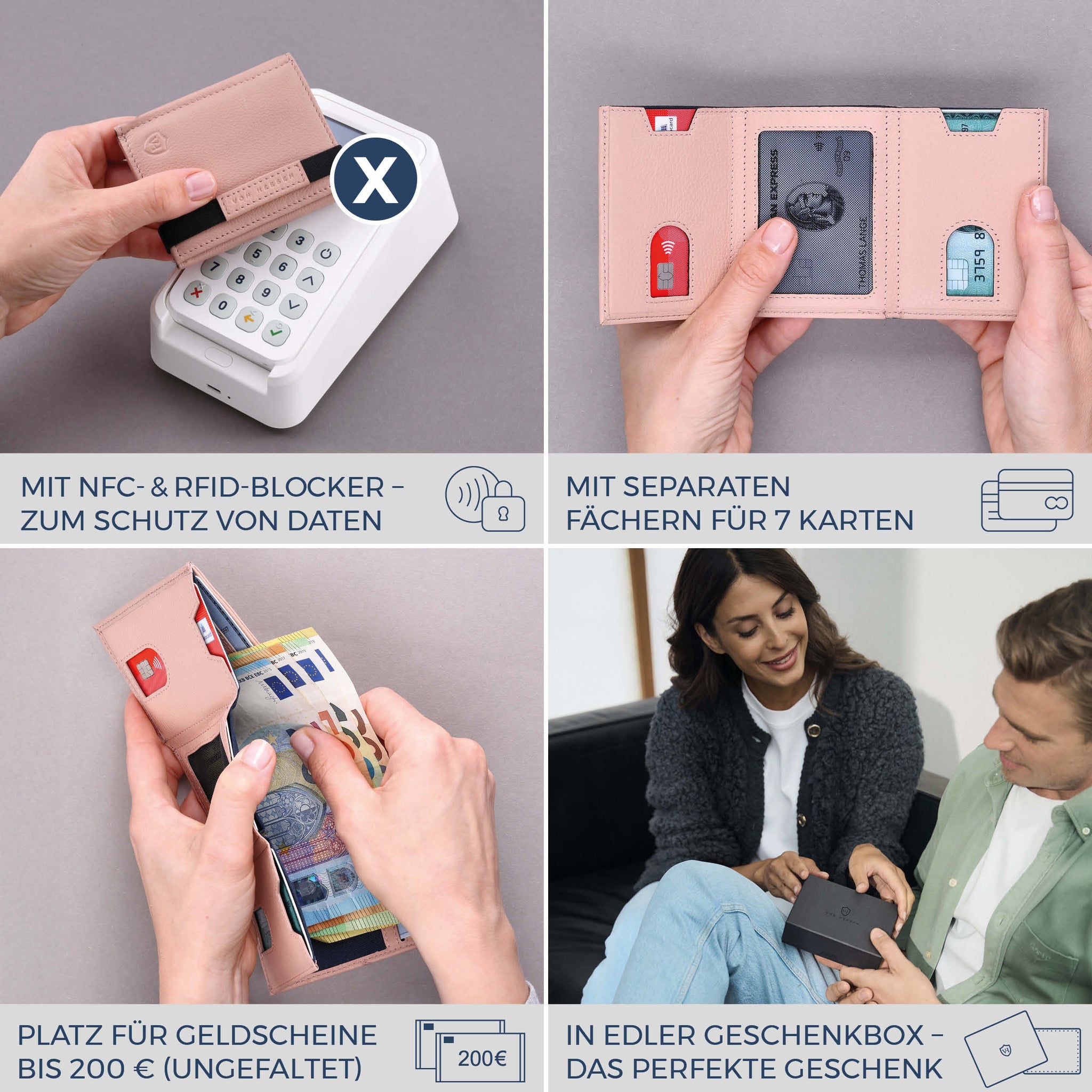 Slim Wallet mit RFID-Schutz, 7 Kartenfächer & Mini-Münzfach (Genarbt)
