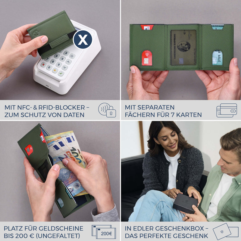 Slim Wallet mit RFID-Schutz, 7 Kartenfächer & Mini-Münzfach (Genarbt)