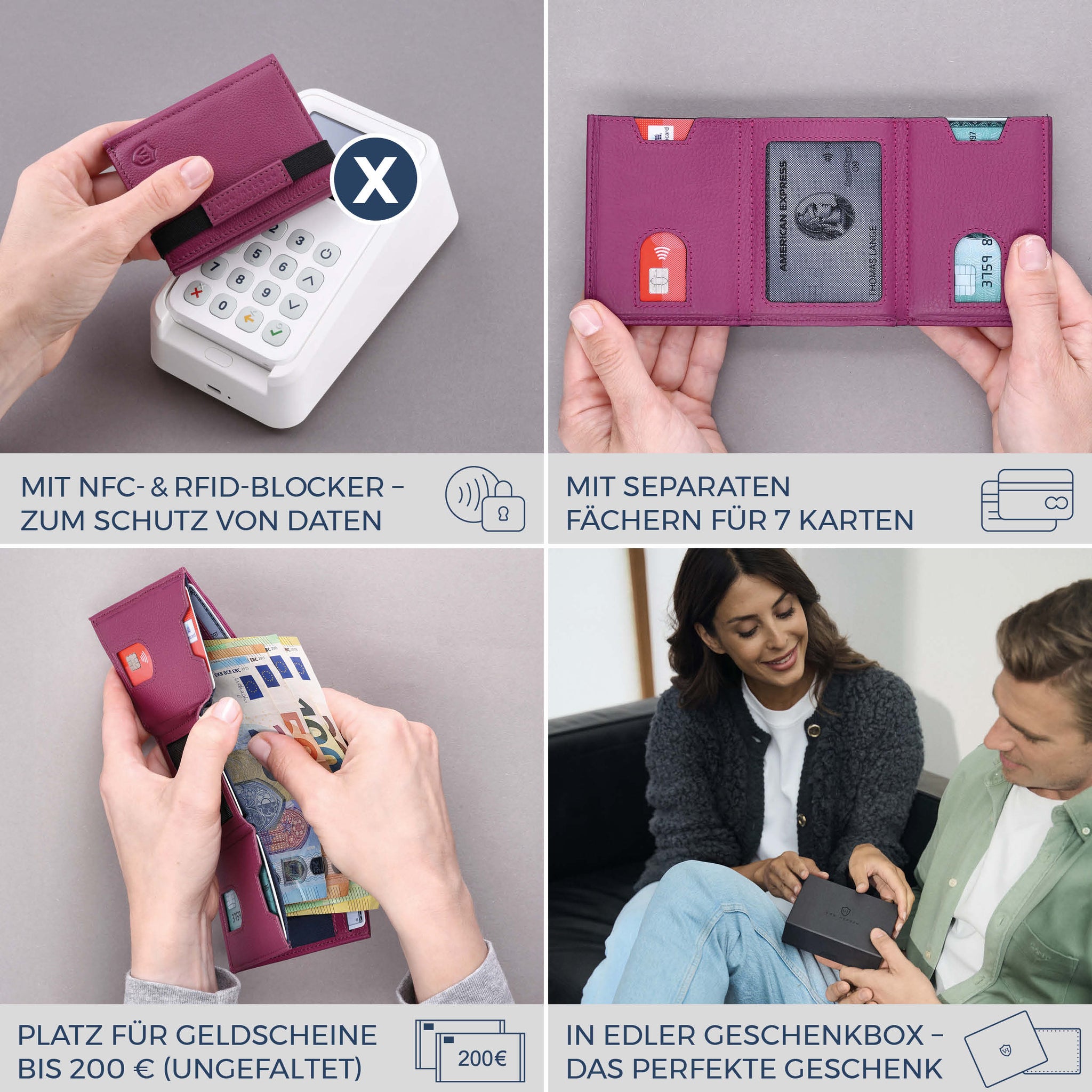 Slim Wallet mit RFID-Schutz, 7 Kartenfächer & Mini-Münzfach (Genarbt)