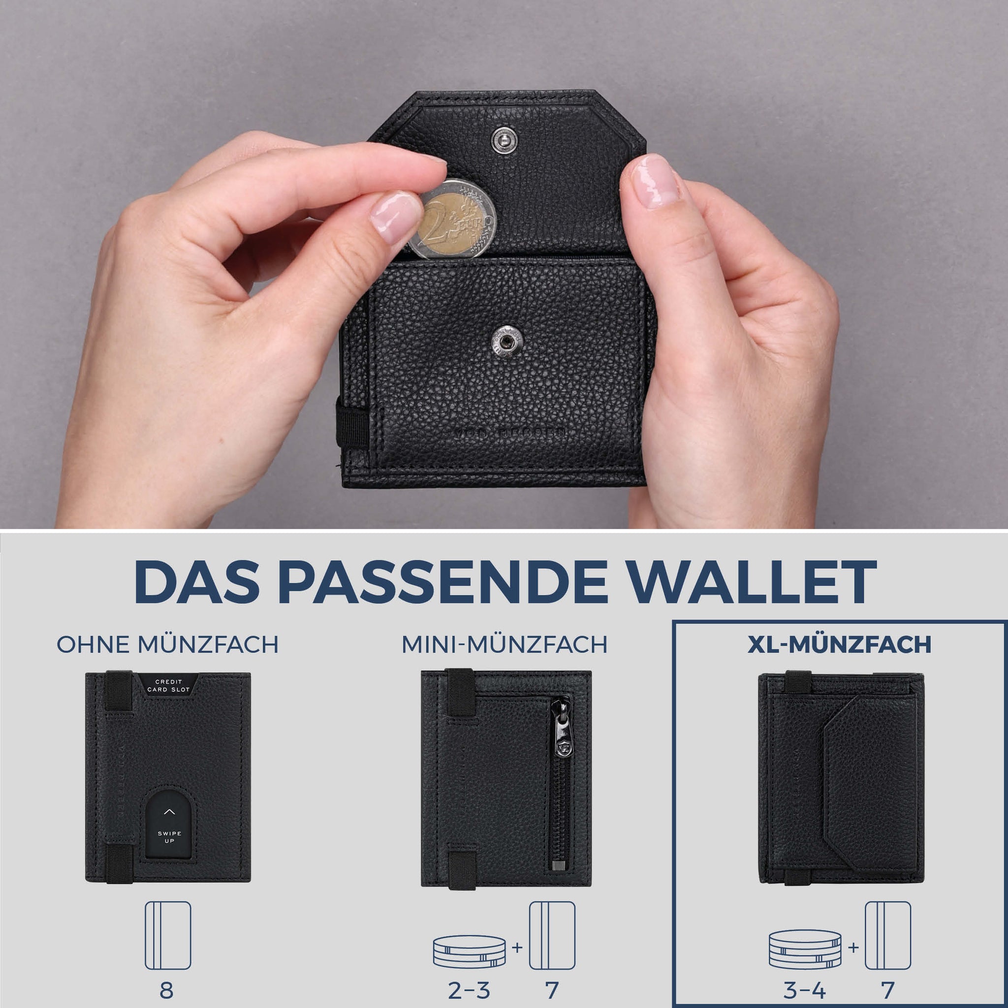 Slim Wallet mit RFID-Schutz, 7 Kartenfächer & XL-Münzfach (Genarbt)