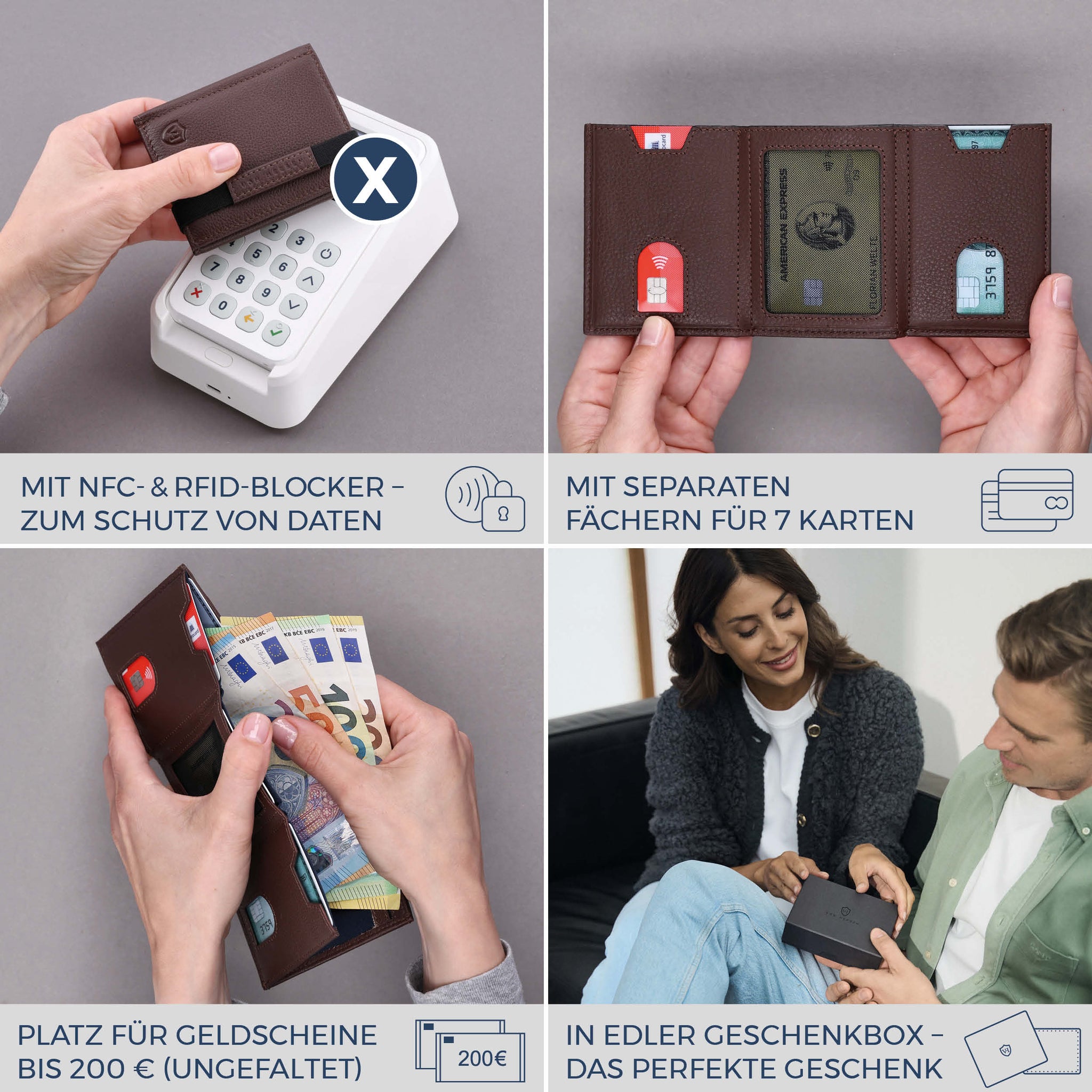 Slim Wallet mit RFID-Schutz, 7 Kartenfächer & XL-Münzfach (Genarbt)
