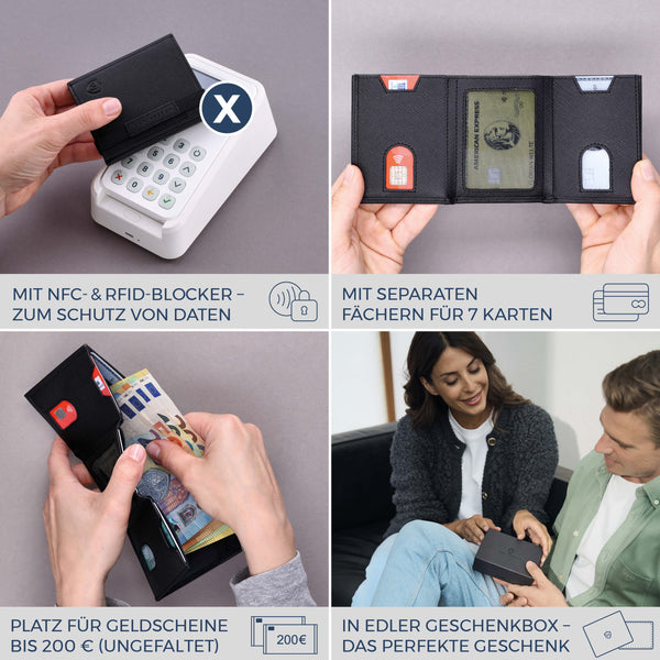 Slim Wallet mit RFID-Schutz, 7 Kartenfächer & XL-Münzfach (Saffiano)